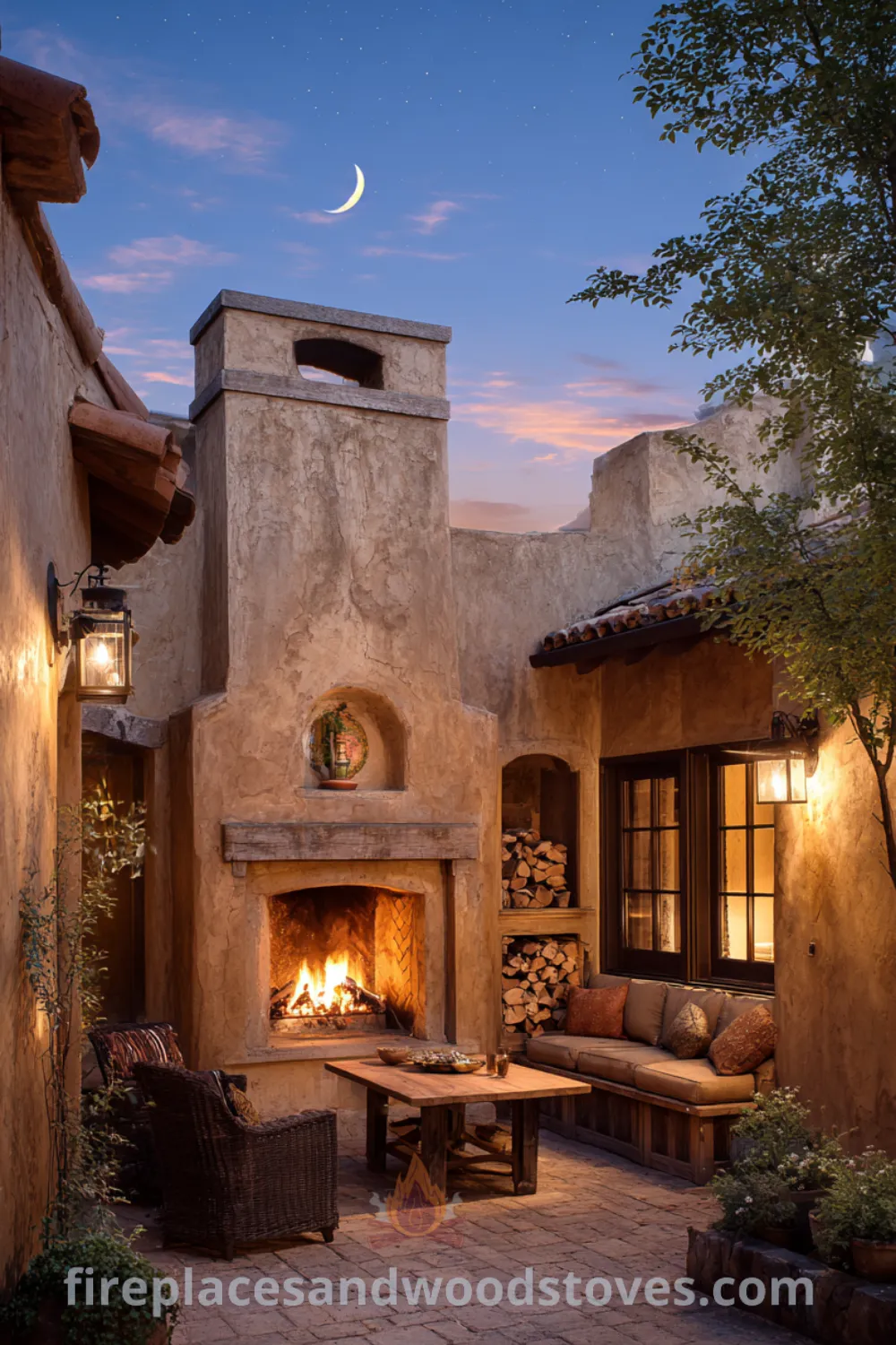 Tuscan outdoor fireplace with terracotta tile accents, built-in wood storage, and landscaped courtyard surroundings featuring inviting warmth outdoor and rustic stone fireplace design.