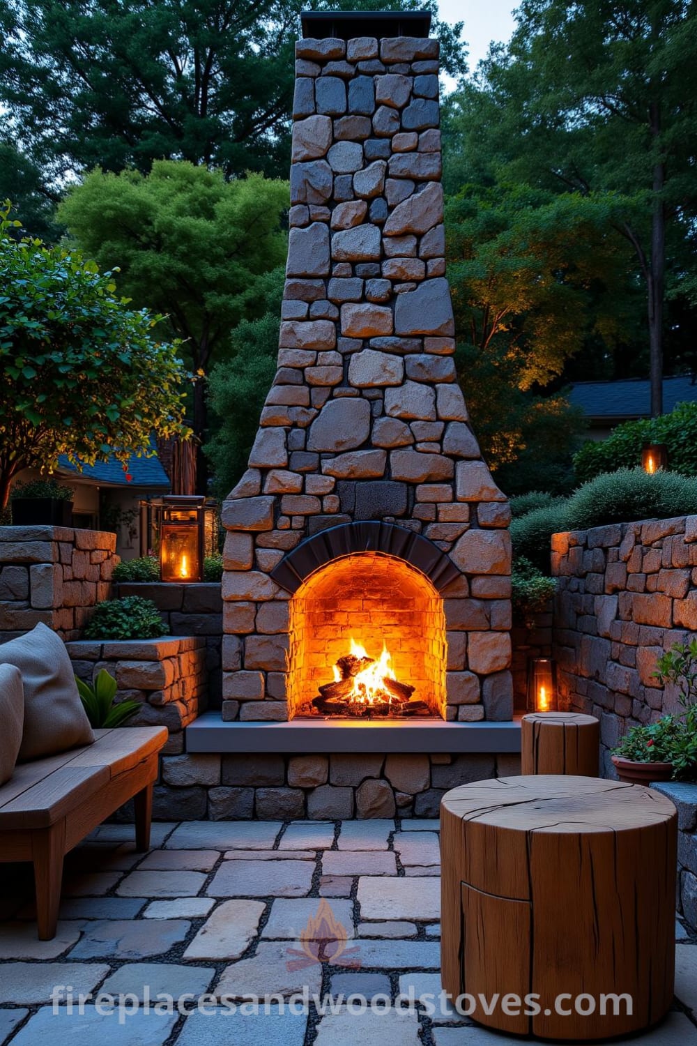 Sunken patio featuring a charming stone fireplace with flickering flames, surrounded by lush greenery and reclaimed wood seating, creating an inviting atmosphere perfect for cozy gatherings. Discover unique ideas for your home at fireplacesandwoodstoves.com.