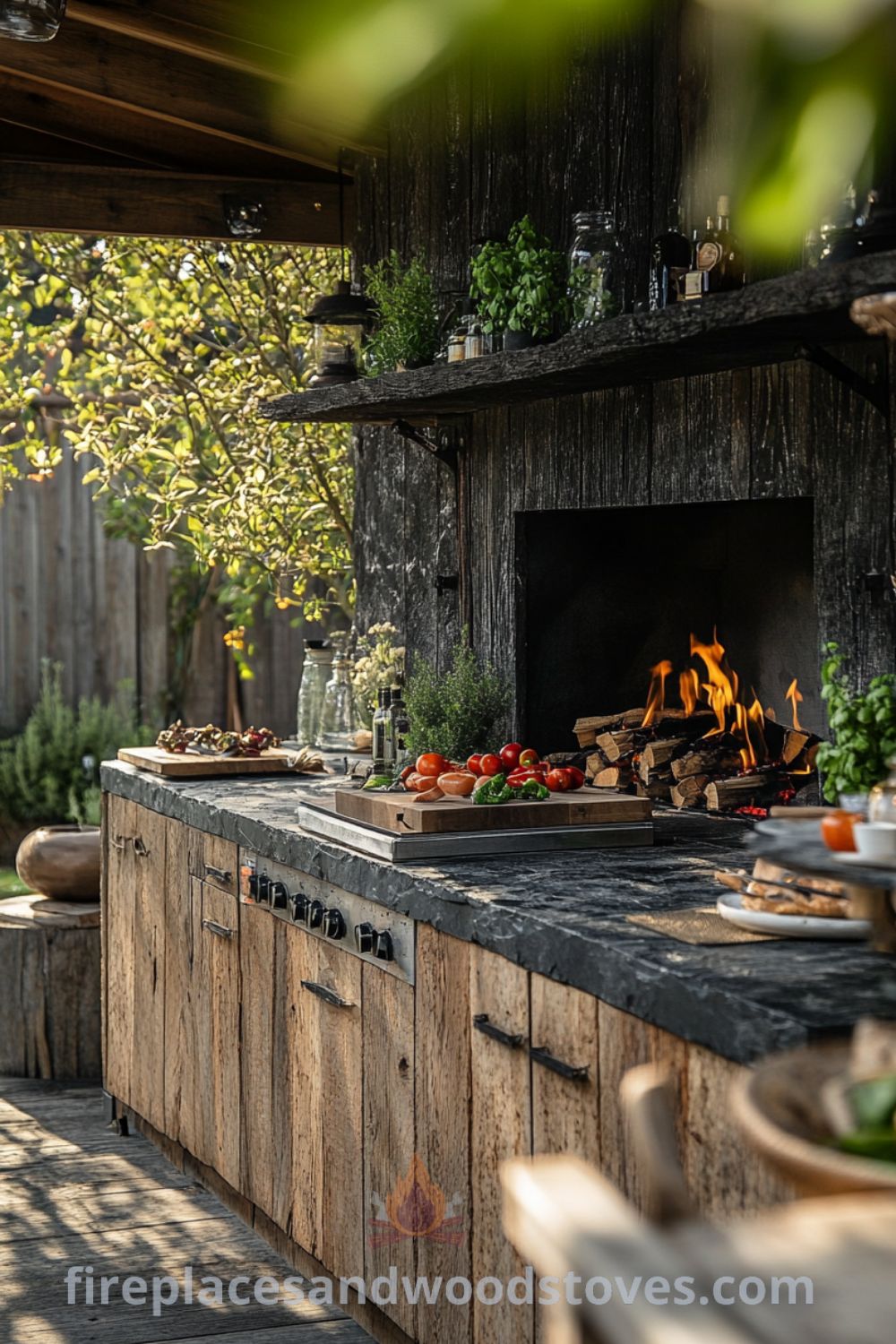 Cozy outdoor kitchen with wood-burning fireplace on fireplacesandwoodstoves.com, showcasing inviting decor ideas, unique designs, and a cozy home vibe perfect for any gathering.