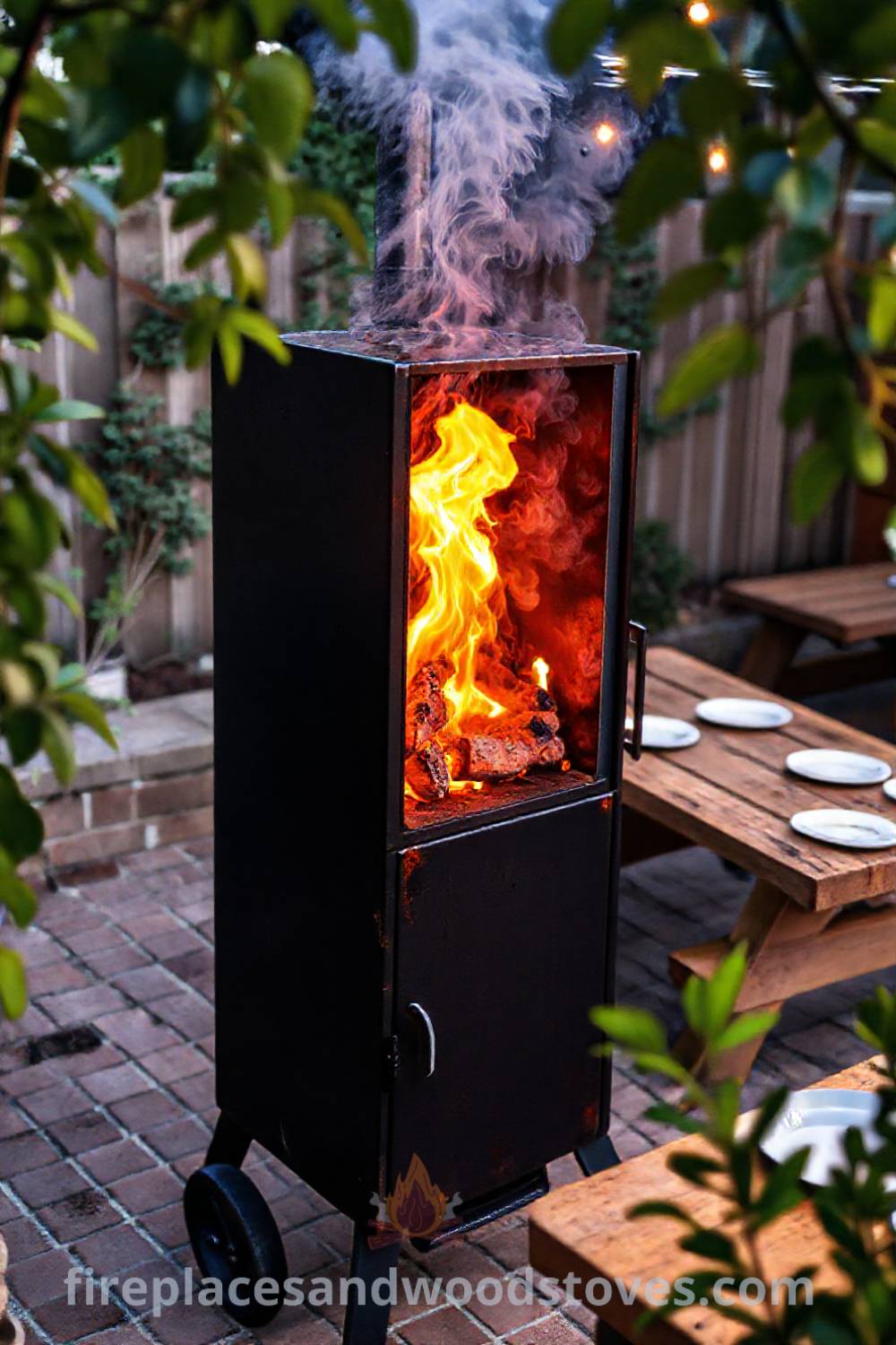Vertical smoker barbecue on a brick patio with flames and smoke, surrounded by a picnic table and greenery, creating a cozy outdoor gathering atmosphere. Visit patioandhomefurniture.com for stylish designs transforming your backyard into the coziest home space.
