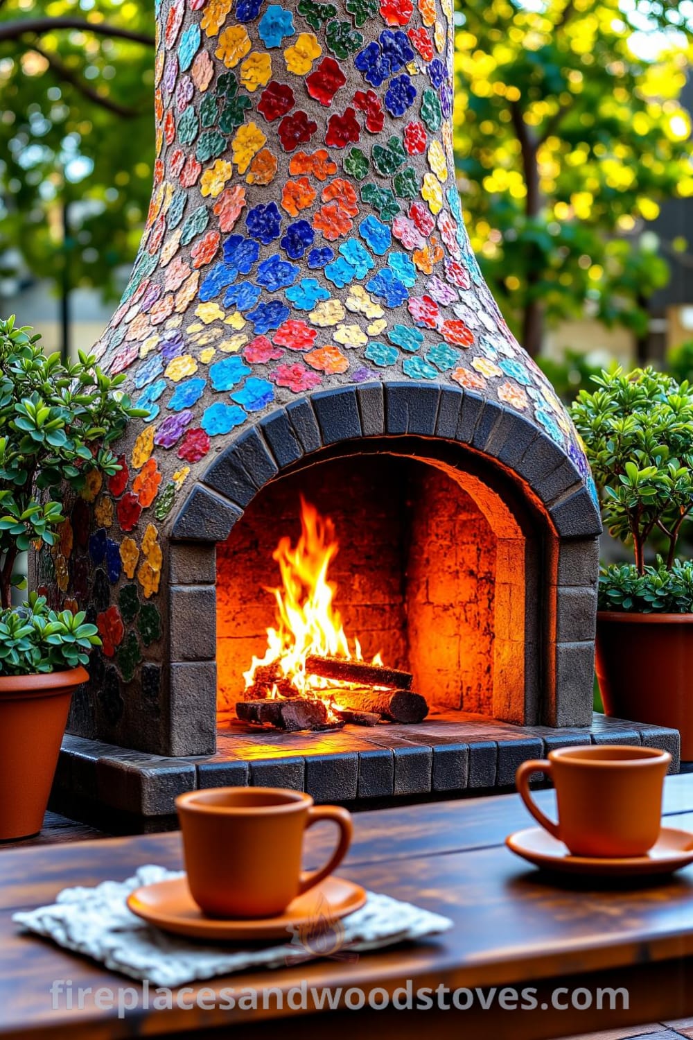 A colorful Bohemian mosaic fireplace on a sun-drenched patio surrounded by lush potted plants, showcasing vibrant tiles reflecting flickering flames, inviting conversations and warm gatherings with cozy home decor ideas from fireplacesandwoodstoves.com.