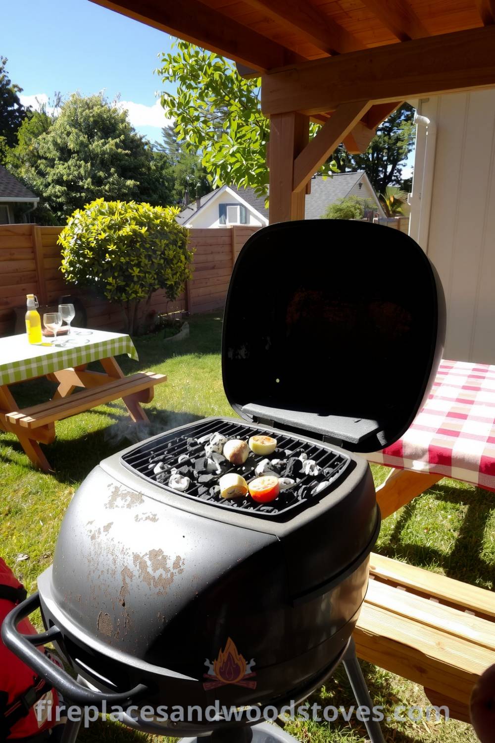 Barbecue grill in a sunlit backyard surrounded by colorful picnic tables and the aroma of grilled vegetables, creating an inviting atmosphere for outdoor gatherings, featuring cozy decor ideas for your home. Visit fireplacesandwoodstoves.com for more unique design inspirations.