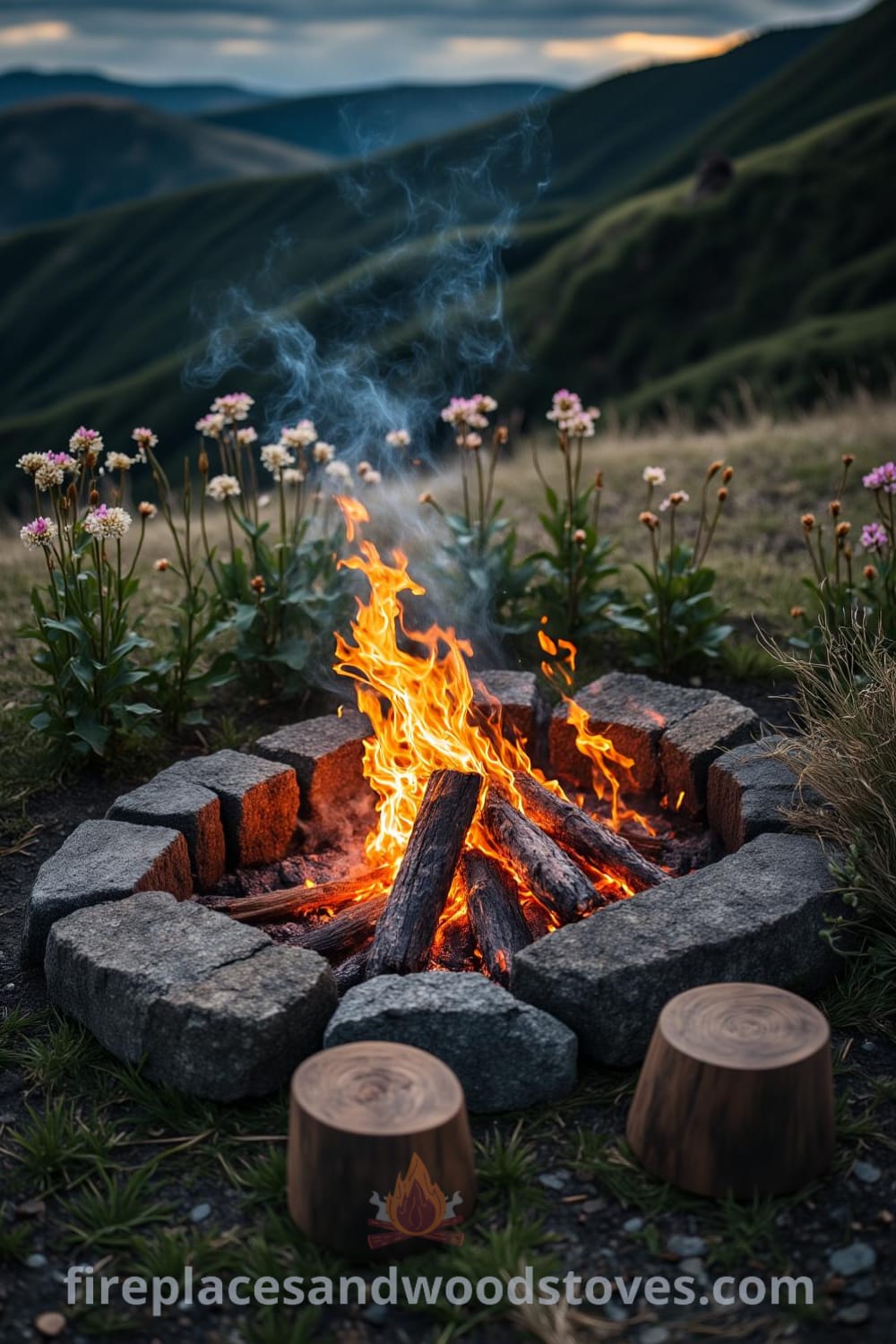 Nomadic firepit barbecue surrounded by wildflowers on grass with warm flames casting a glow on wooden stools, creating a cozy outdoor atmosphere ideal for gatherings, inspiring decor ideas and unique experiences at fireplacesandwoodstoves.com.