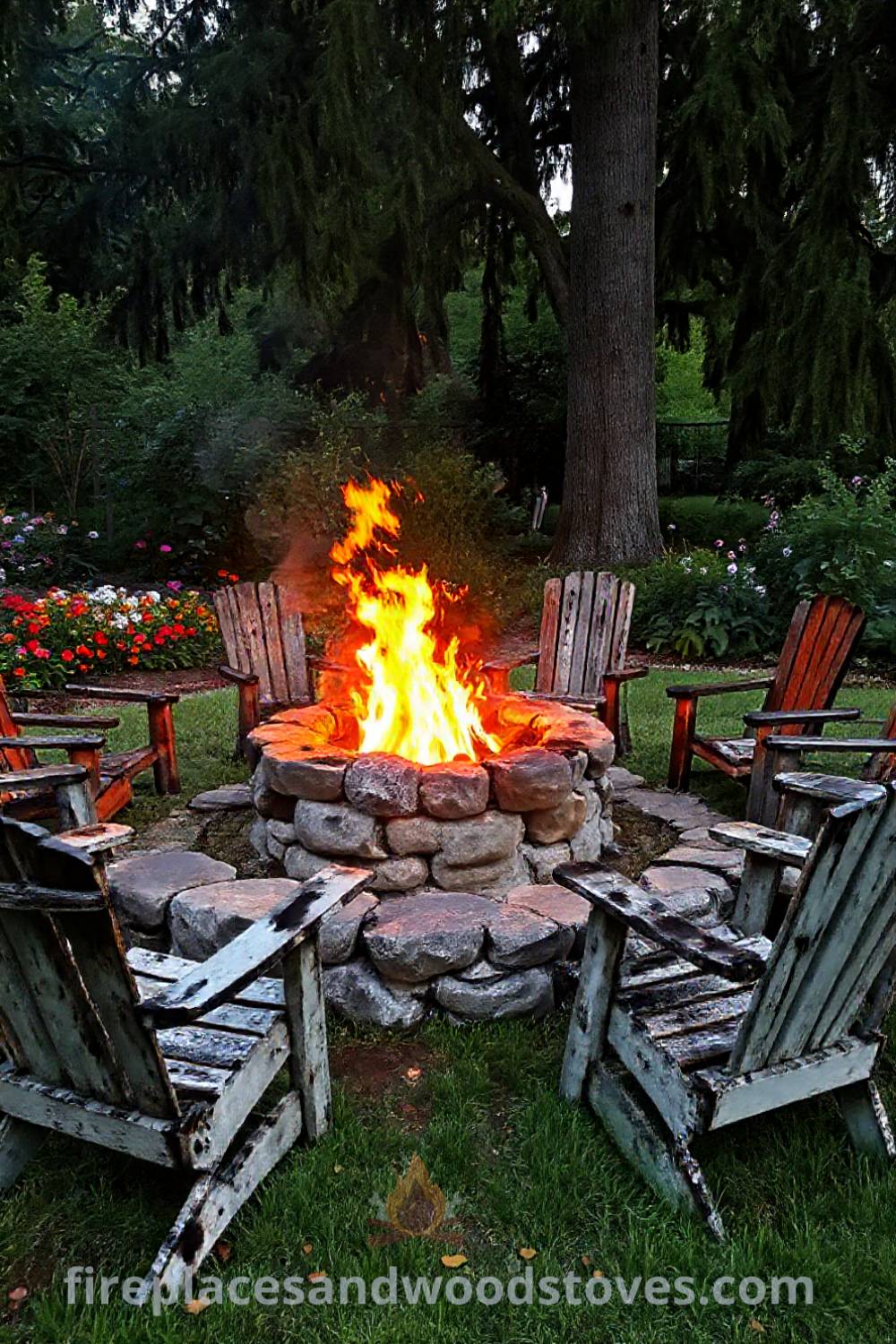 Rustic stone fire pit in a lush garden surrounded by mismatched chairs, creating a cozy atmosphere for gatherings. Includes flowerbeds and towering trees. Visit patioandhomefurniture.com for stylish outdoor design ideas that will wow your guests.