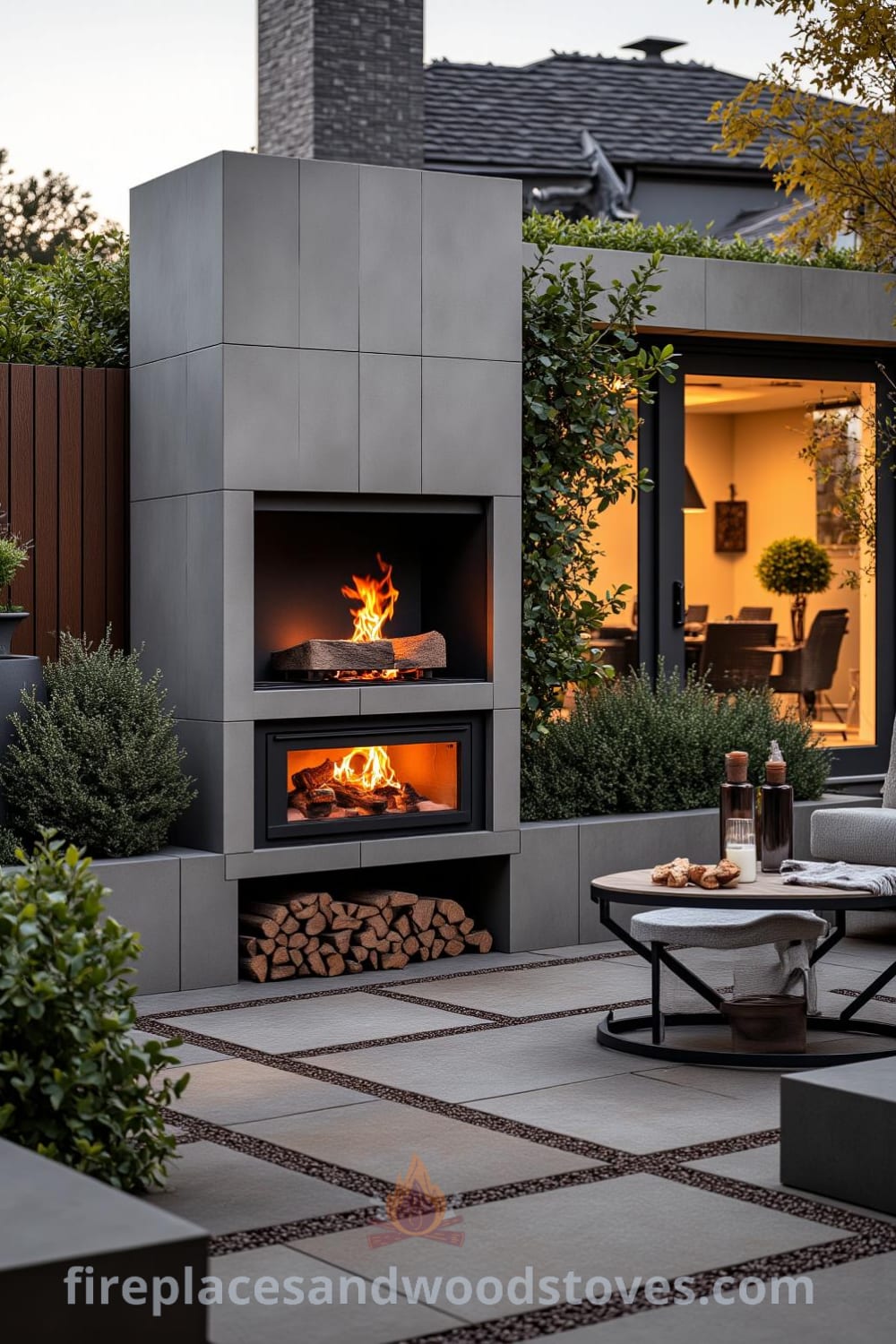 Modern concrete outdoor barbecue on a brick patio with a wood-burning fire, warm flickering light, and inviting mismatched chairs, offering cozy ideas for outdoor living and inspiring decor ideas for your home, featured at fireplacesandwoodstoves.com.
