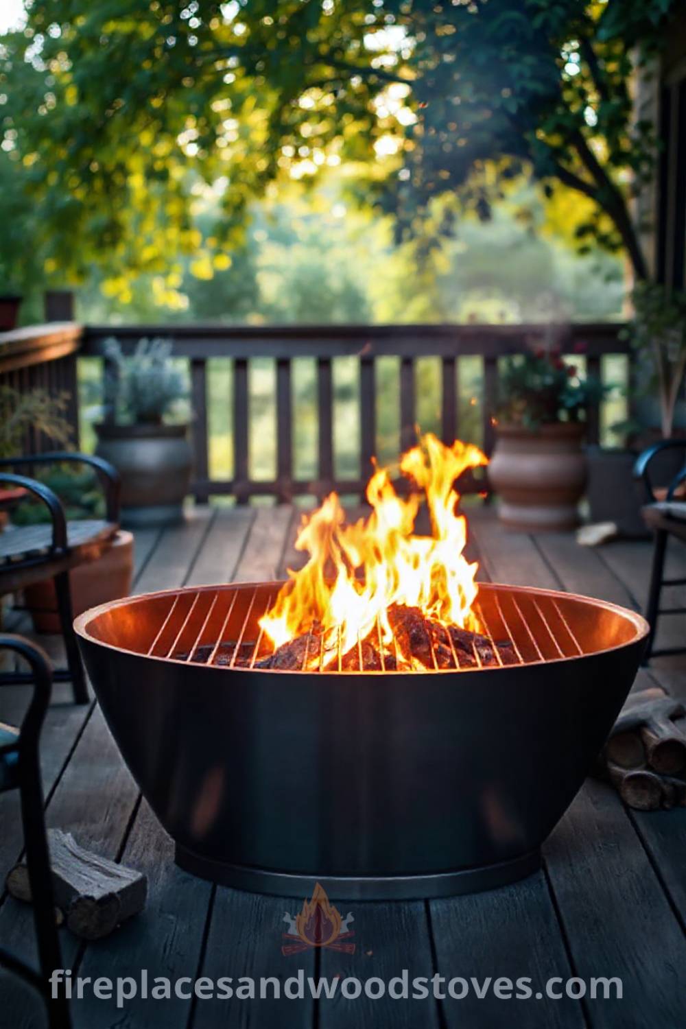 Sleek metal charcoal-burning fire pit on a wooden deck surrounded by rustic furniture and potted plants, creating a cozy outdoor space for summer barbecues and gatherings. Visit patioandhomefurniture.com for incredible ideas that will wow your guests.