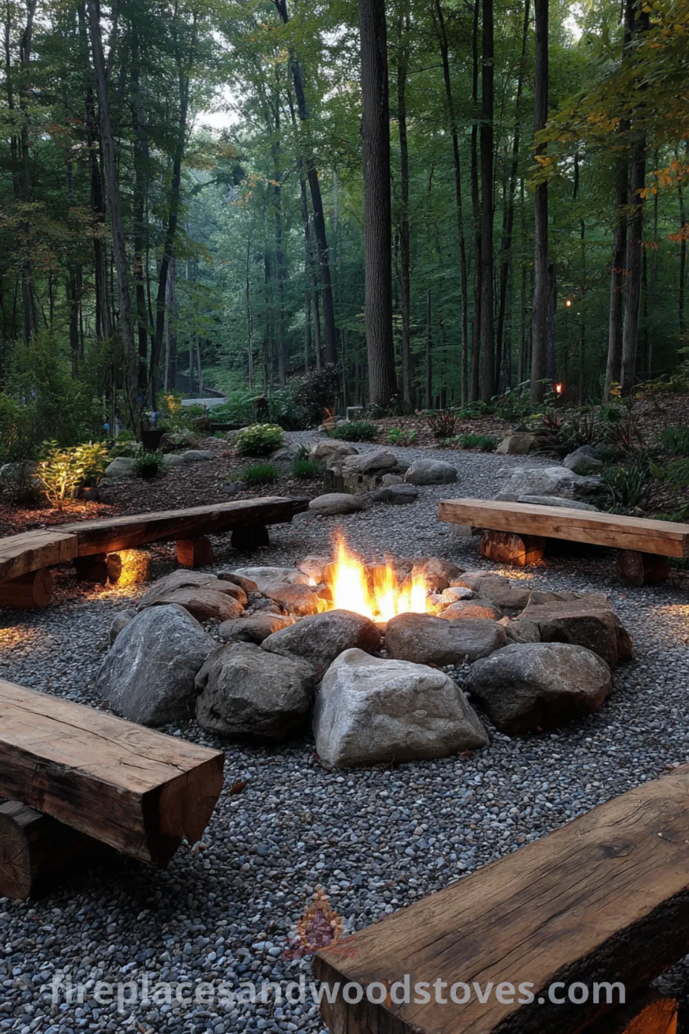 Rustic fire pit with timber log seating, natural stone elements, and warm fire glow in a forest clearing.