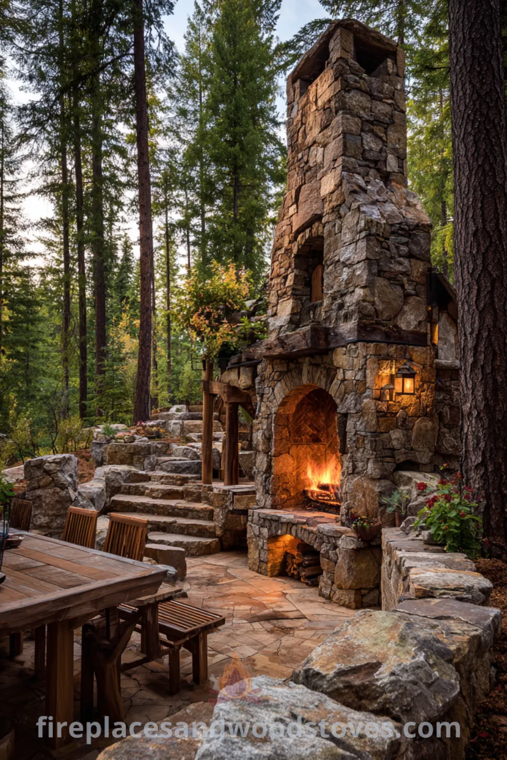 Rustic outdoor fireplace with rough-hewn stone, natural rock seating, and reclaimed wood accents in a serene forest setting.