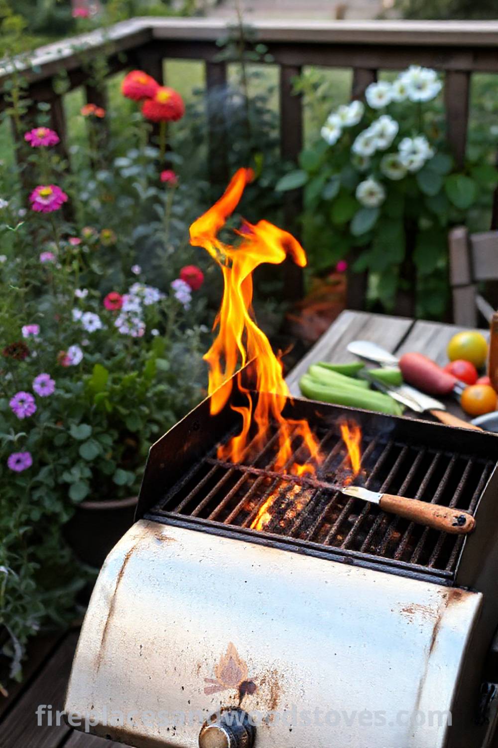 Sturdy outdoor BBQ grill on a wooden deck, surrounded by herbs and flowering plants, with flames illuminating a rustic table filled with fresh vegetables and grilling tools, creating a cozy and inviting summer atmosphere. Visit patioandhomefurniture.com for incredible ideas that will wow your guests.