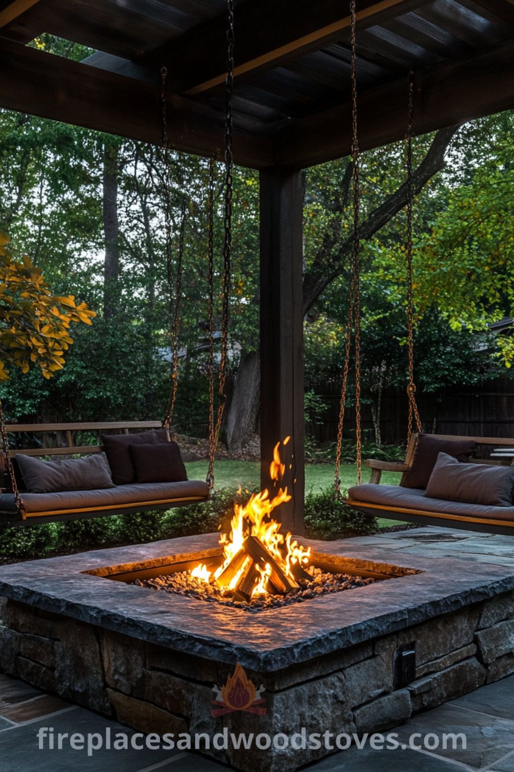 Backyard fire pit surrounded by cozy seating area on fireplacesandwoodstoves.com, featuring fire pit ideas, outdoor living inspirations, and unique backyard design for a cozy home atmosphere.