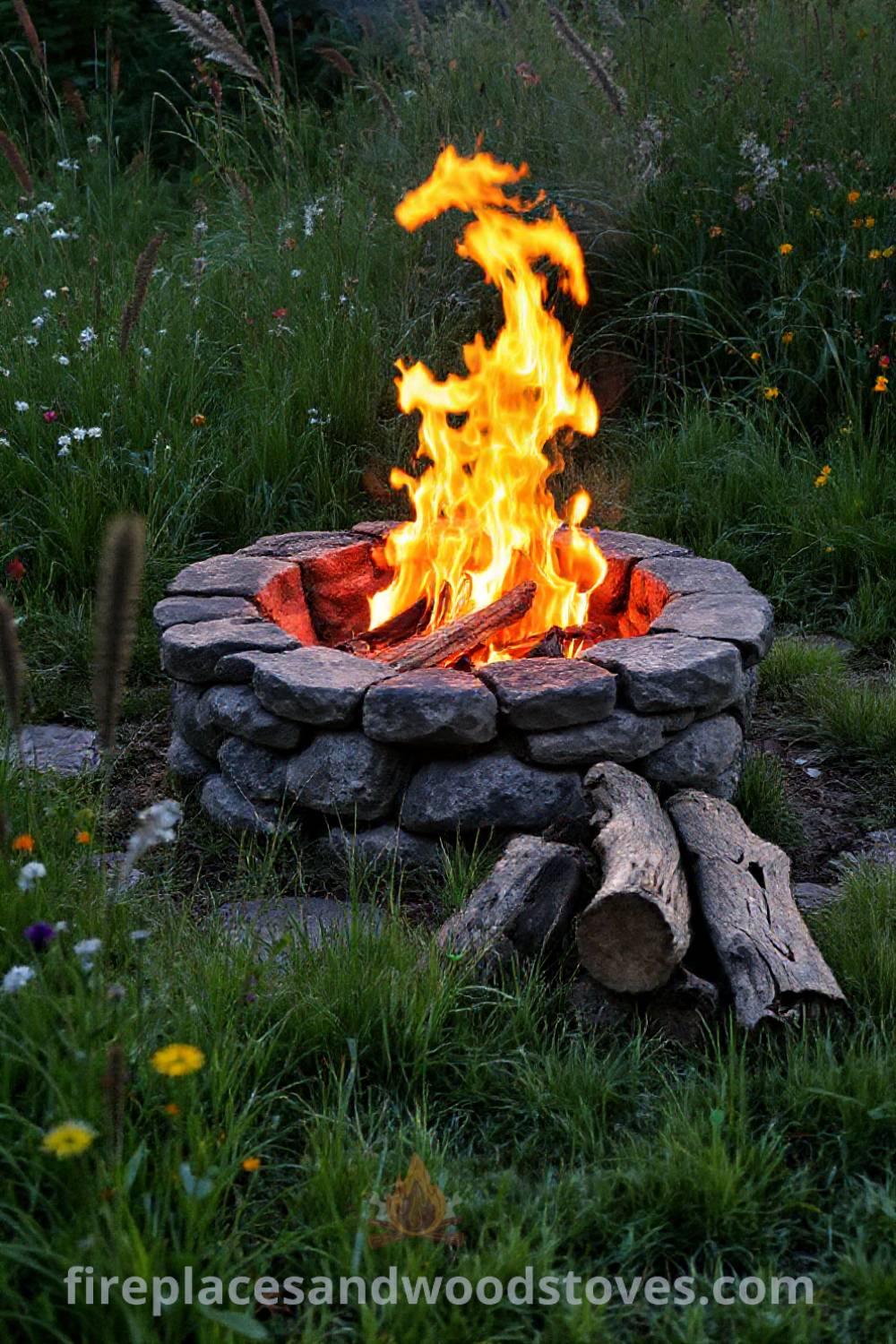 Stone fire pit in a lush garden surrounded by tall grass and wildflowers, glowing warmly as the sun sets, creating a cozy outdoor setting perfect for gatherings. Visit patioandhomefurniture.com for stylish outdoor ideas that will wow your guests.