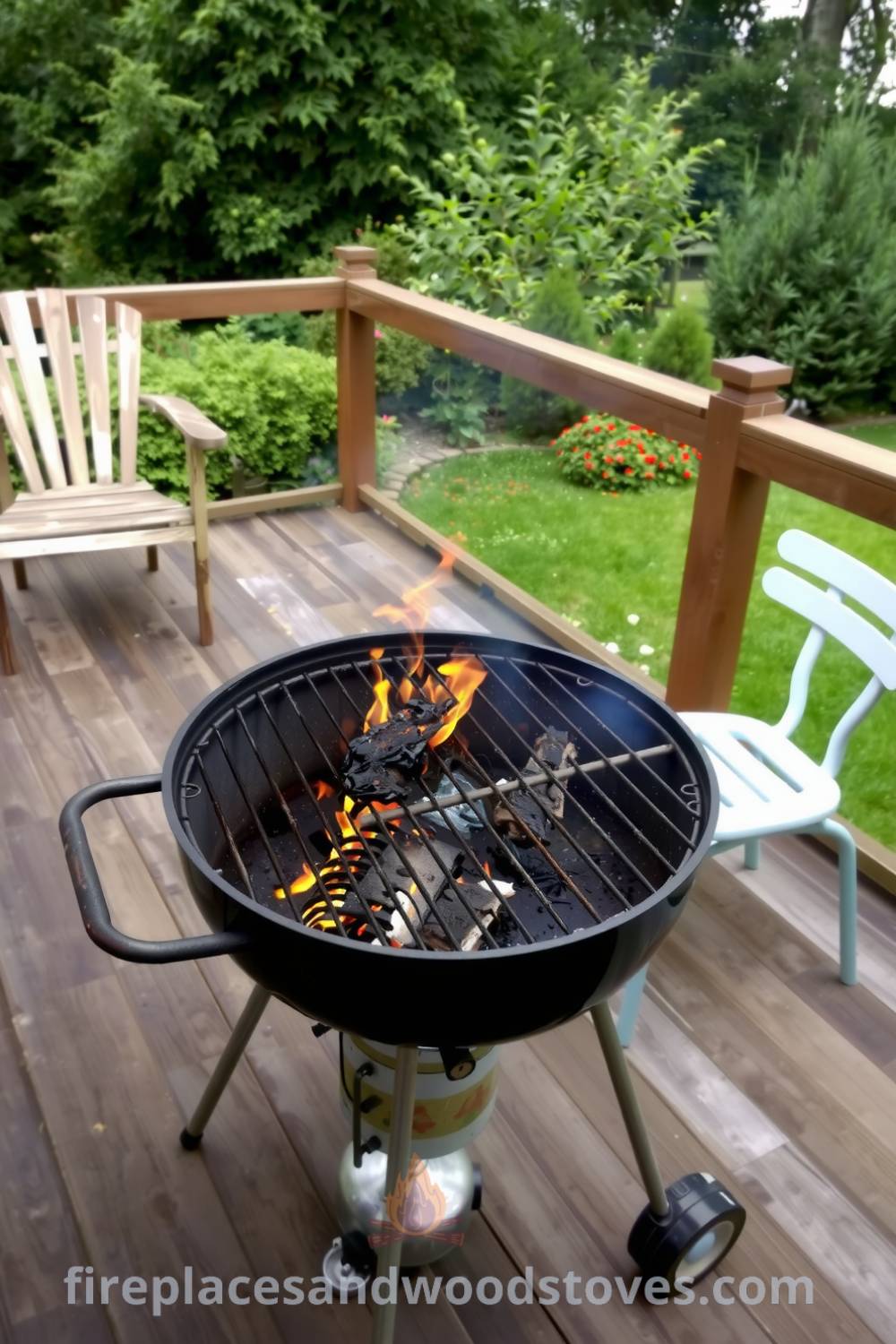 Barbecue setup on a wooden deck surrounded by summer garden greenery, featuring a worn grill with flames, mismatched chairs nearby, and a cozy atmosphere ideal for gatherings. Discover more cozy ideas at fireplacesandwoodstoves.com.