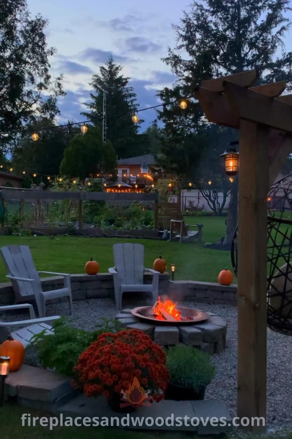 A cozy backyard bonfire setup featuring a stylish fire pit, inviting seating, and modern fall decorations, ideal for creating an outdoor oasis. Discover more incredible ideas at patioandhomefurniture.com.
