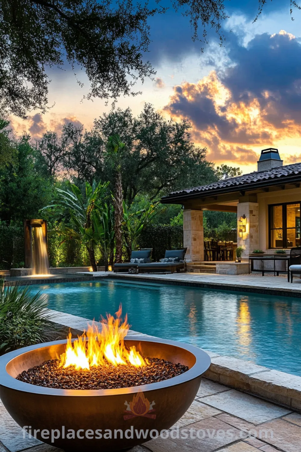 Cozy backyard fire pit area on fireplacesandwoodstoves.com featuring a sunken design, landscaping, and inspirations for warm gatherings, enhancing your pool entertainment area and cozy home decor ideas.