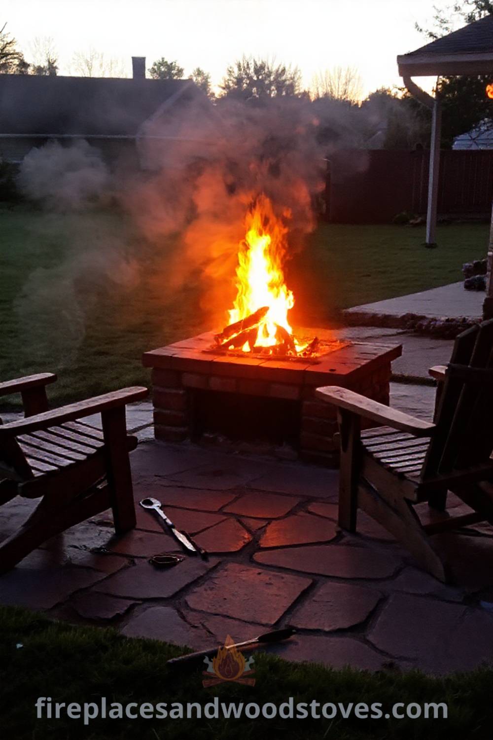 Cozy outdoor BBQ fireplace on a stone patio surrounded by warm flames and rustic chairs, creating an inviting atmosphere for gatherings. Visit patioandhomefurniture.com for stylish ideas that will wow your guests and transform your backyard.