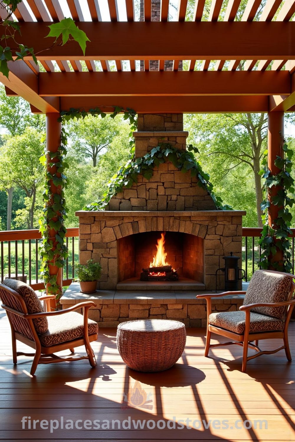 A cozy pergola-integrated fireplace on a wooden deck illuminated by a crackling fire, surrounded by a stone surround, mismatched seating, and softened by trailing vines, illustrating unique design ideas for a cozy home perfect for gatherings. Visit fireplacesandwoodstoves.com for more inspiring decor ideas.
