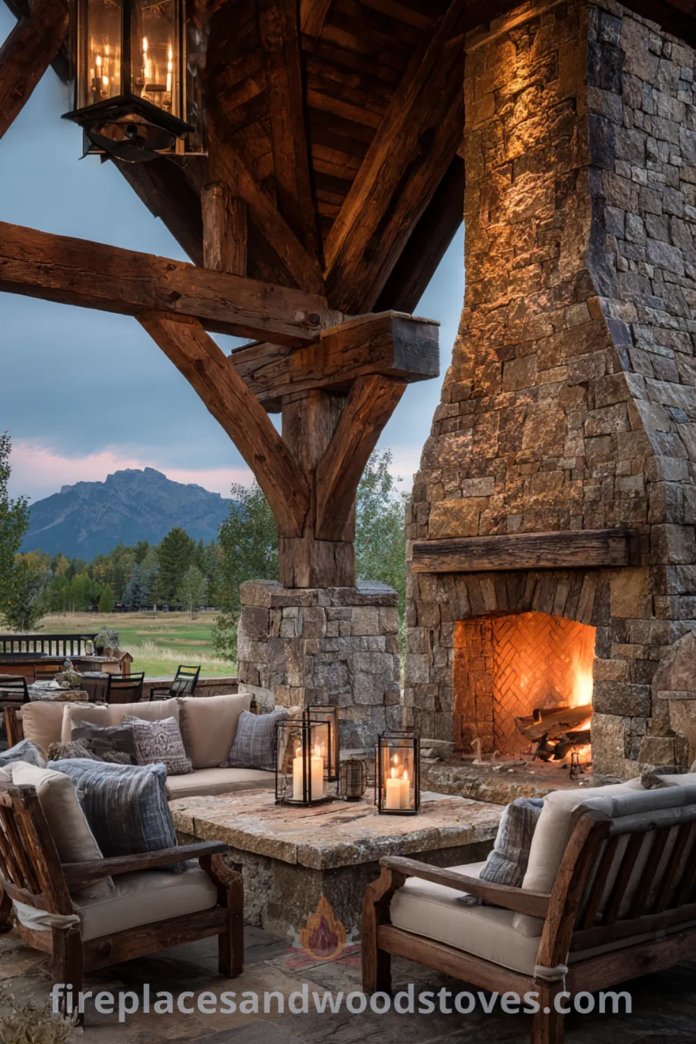 Outdoor space featuring rustic outdoor fireplace with large chimney, thick timber beams, and natural stone seating.