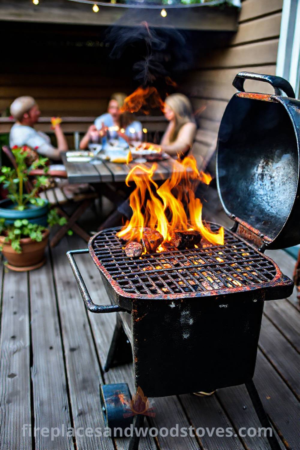 Charcoal grill barbecue on a weathered wooden deck with flames and potted plants, creating a cozy and inviting outdoor space ideal for gatherings. Visit patioandhomefurniture.com for incredible ideas that will wow your guests.
