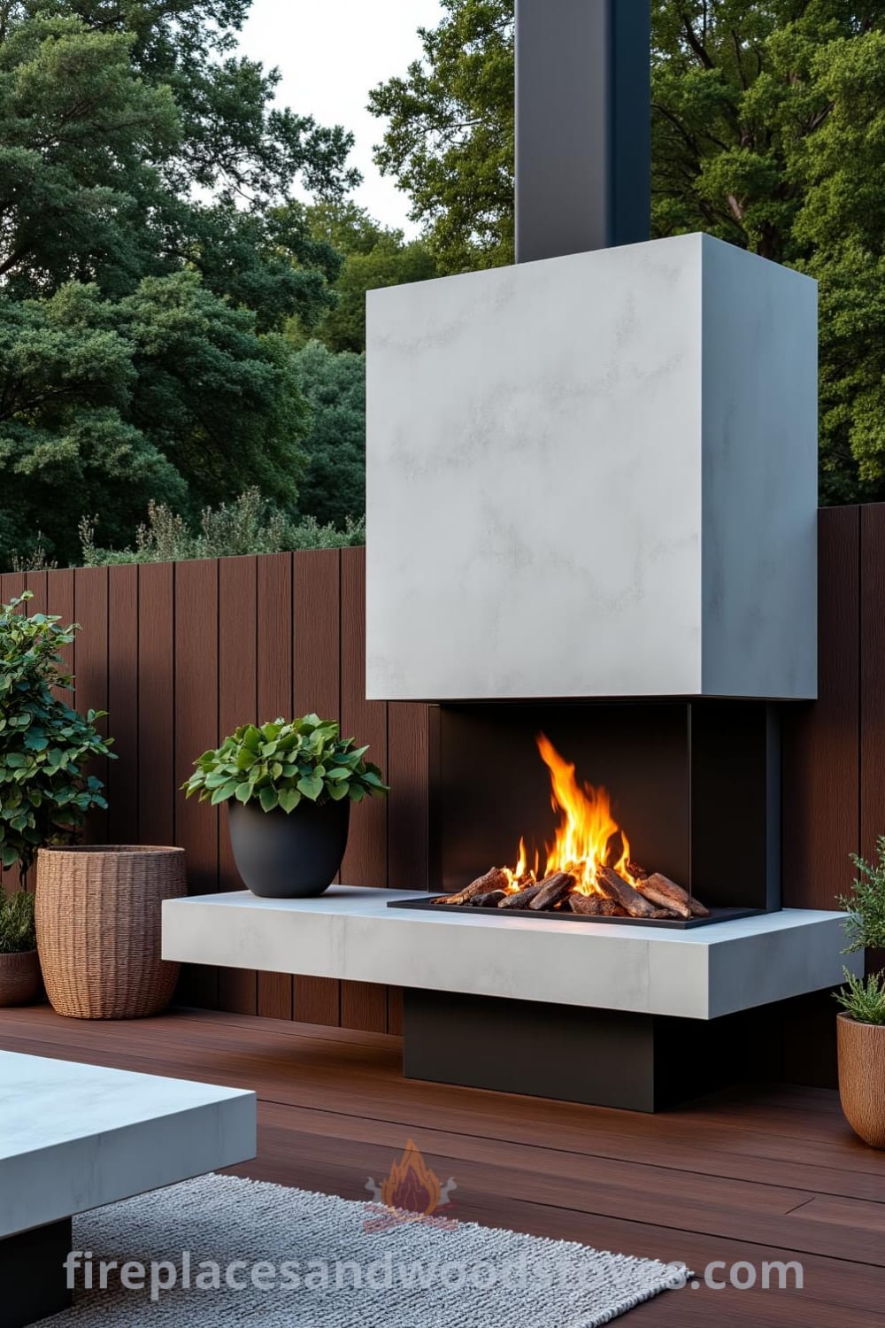 Minimalist concrete outdoor fireplace on a wooden deck surrounded by greenery, featuring a warm flickering fire, cozy rug, and inviting low table, showcasing unique design ideas for your home. Visit fireplacesandwoodstoves.com for more decor inspirations.