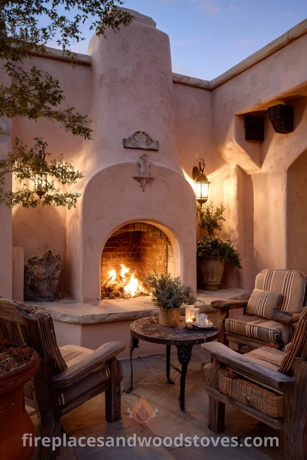 Mediterranean rustic outdoor fireplace with inviting arched opening, warm evening glow, cracked fire, and rustic outdoor furniture.