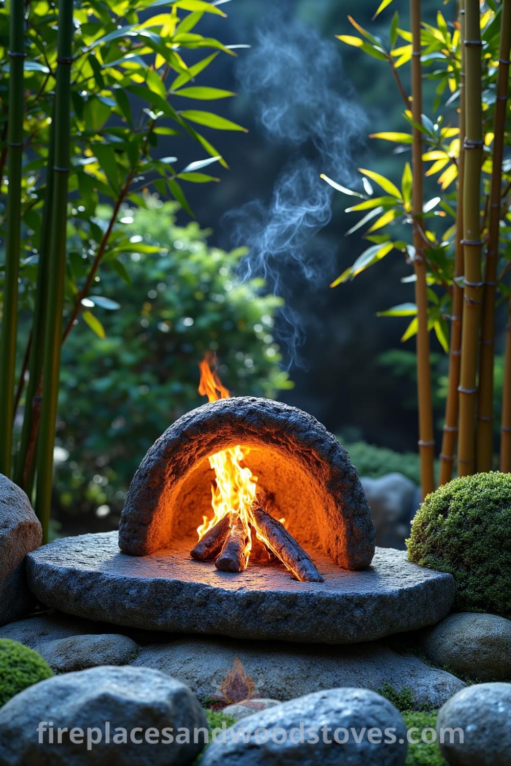 Japanese Zen garden outside fireplace surrounded by carefully arranged stones, flickering flames illuminating bamboo and moss-covered rocks, creating a serene atmosphere. Discover cozy ideas and unique designs for your home at fireplacesandwoodstoves.com.