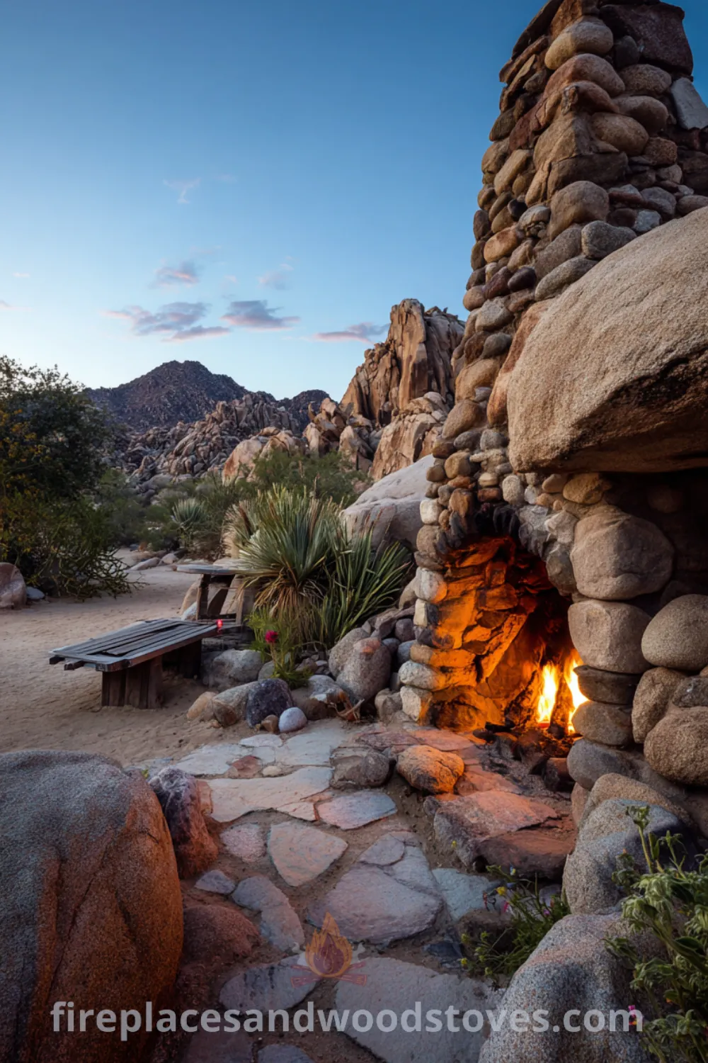 Rustic outdoor fireplace made with natural river rocks, reclaimed wood seating, and a wilderness backdrop.