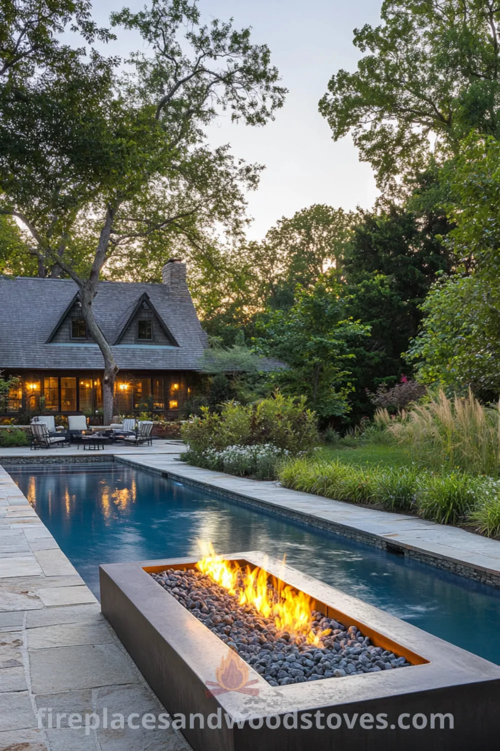 Backyard pool oasis featuring an inground pool, cozy fire pit area, and pool landscaping ideas on fireplacesandwoodstoves.com, ideal for creating a cozy home entertainment area with design inspirations and unique outdoor decor ideas.
