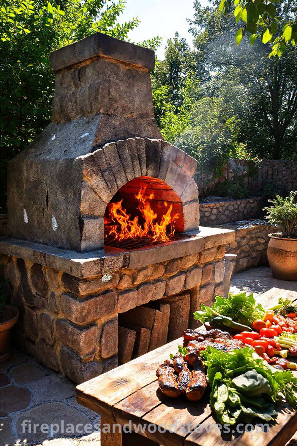 Stone BBQ oven on a sun-drenched patio surrounded by lush greenery, featuring a rustic wooden table with fresh vegetables and marinated meats, creating a cozy and inviting outdoor space for communal gatherings. Visit patioandhomefurniture.com for stylish outdoor design ideas you