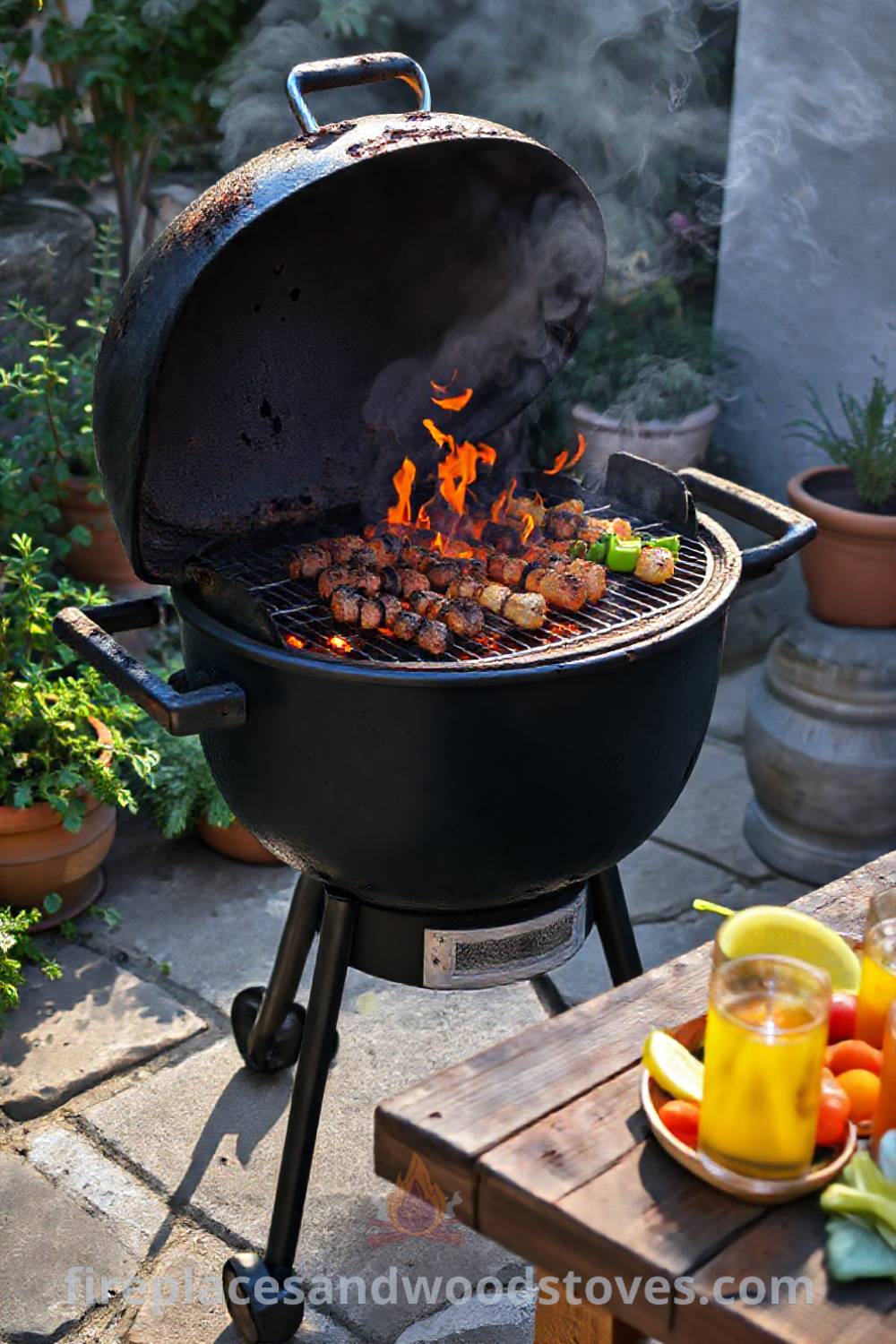 Charcoal grill barbecue on a stone patio with sizzling skewers, surrounded by potted herbs and a wooden table with fresh vegetables and drinks, creating a cozy and inviting outdoor gathering space. Visit patioandhomefurniture.com for incredible ideas transforming your backyard.