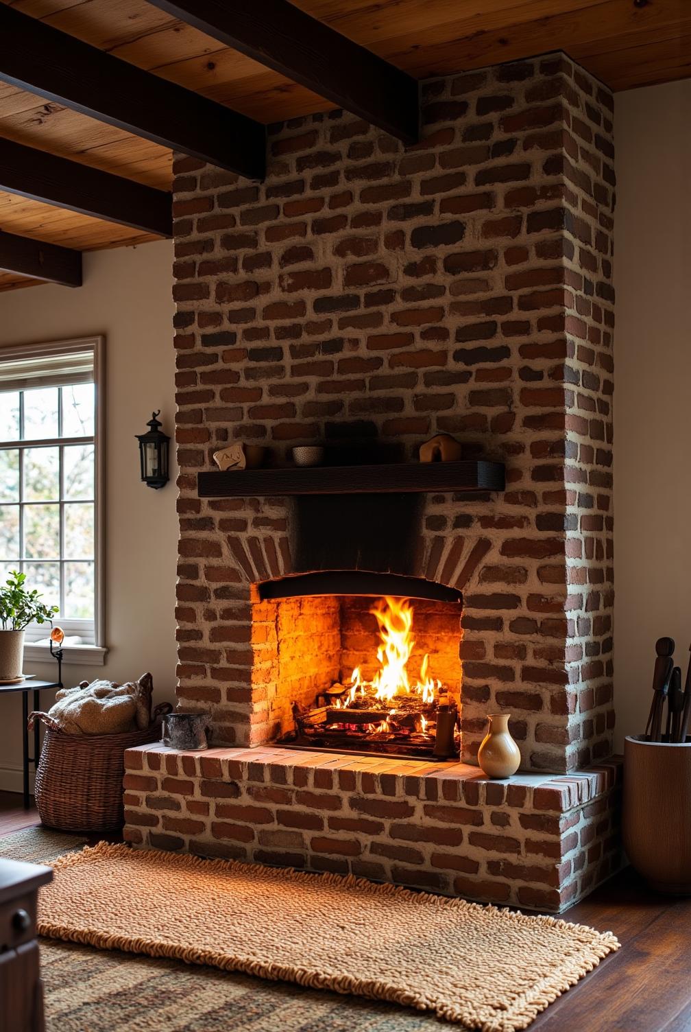 Cozy wood fireplace in a charming living room with a warm fire, rustic brick facade, comfortable woven rugs, and inviting ambiance, offering cozy ideas and decor inspirations for your home at fireplacesandwoodstoves.com.