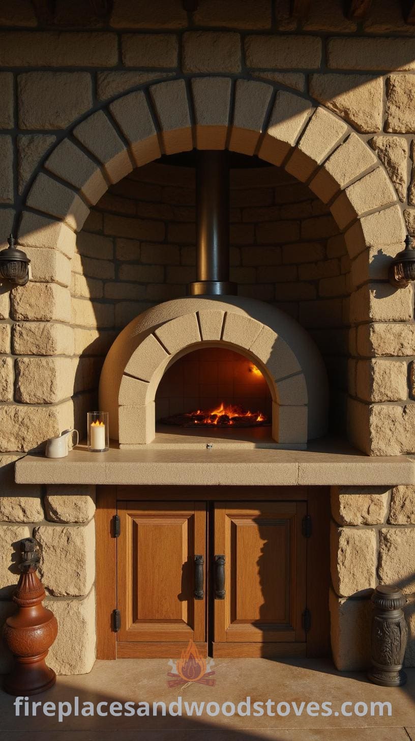 A stone pizza oven named "RENAATO" featuring a rounded arch, built into a stone wall, surrounded by a decorative candle holder and a wooden cabinet in a rustic outdoor dining area.