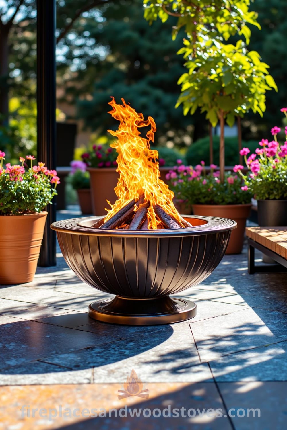 Art Deco fire pit on a sun-drenched patio with geometric lines and metallic accents, surrounded by wooden benches and vibrant potted plants, creating a warm, inviting atmosphere for gatherings and conversations. Visit fireplacesandwoodstoves.com for more cozy ideas and decor inspirations.