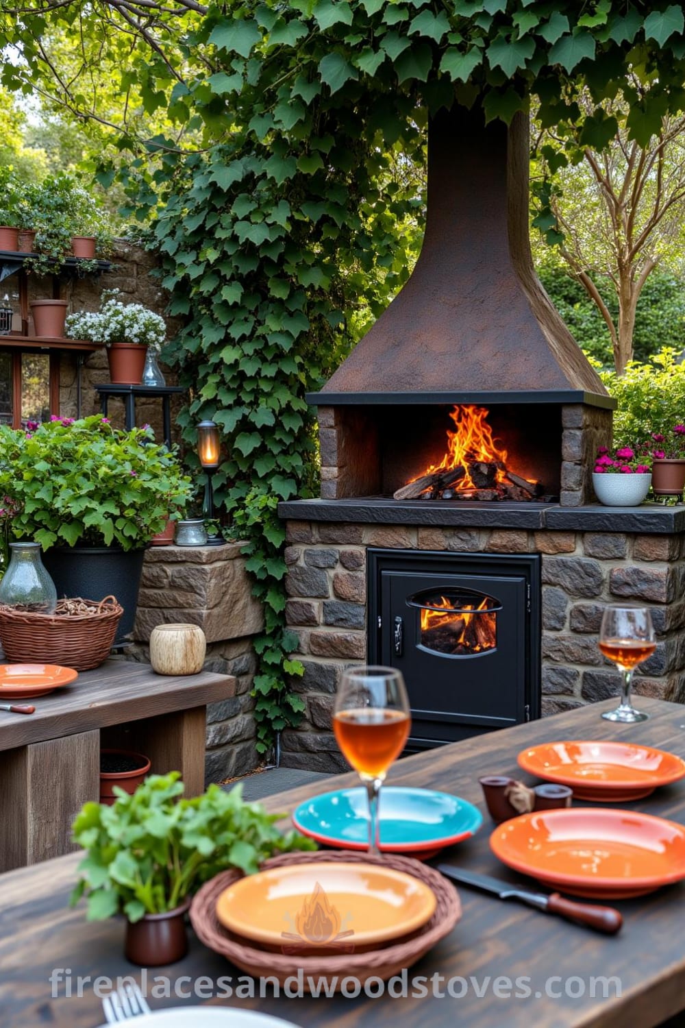 Rustic outdoor barbecue in a charming garden with wrought iron frame entwined with vines, warm wood-burning fire on a weathered stone patio, and a wooden table set with colorful plates and fresh herbs, creating a cozy atmosphere perfect for gatherings and outdoor meals. Visit fireplacesandwoodstoves.com for cozy ideas and design inspirations.