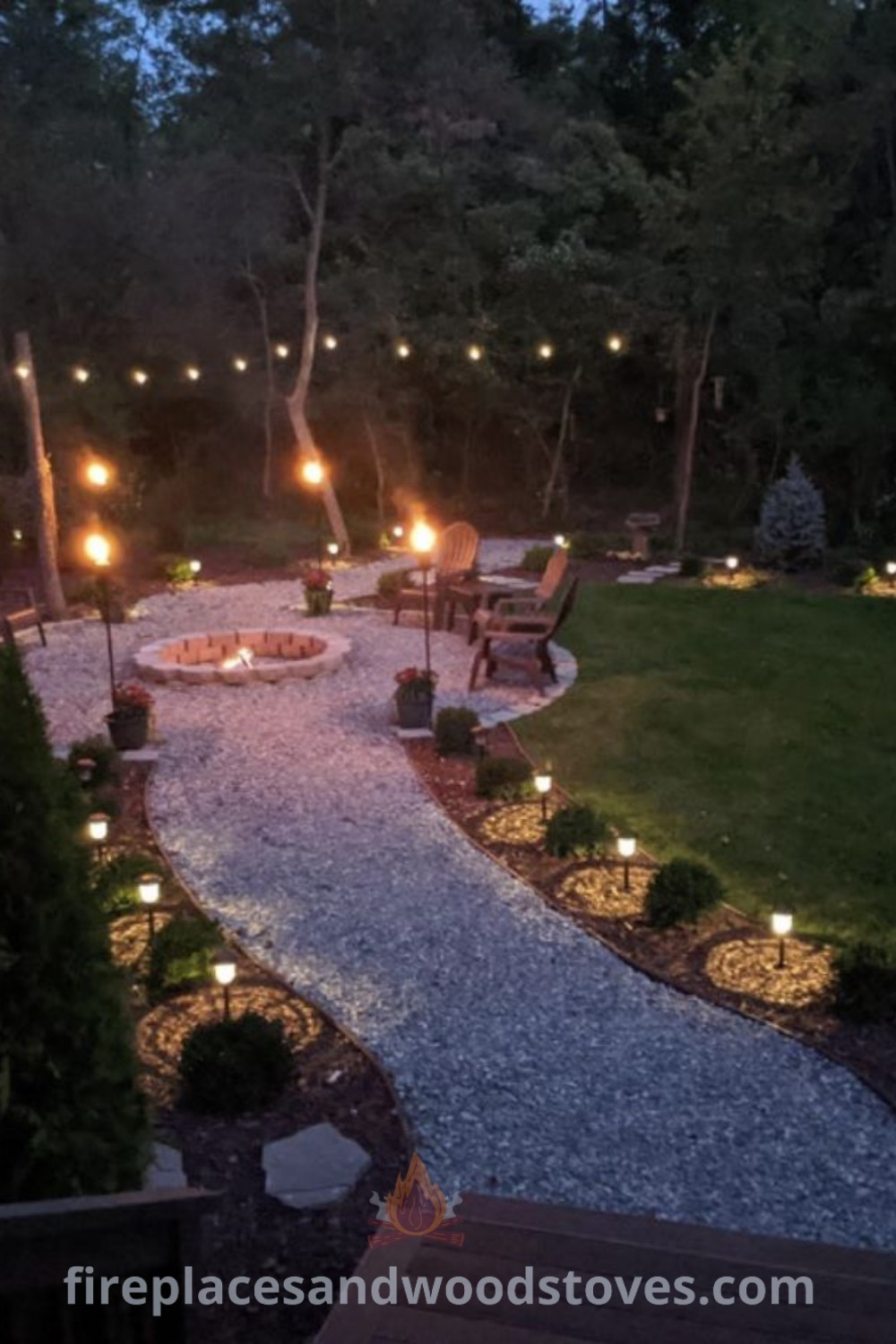 An outdoor patio with a cozy fire pit area, tiki torches, and lights, creating an inviting space for gatherings. Discover stylish fire pit landscaping ideas and inspiration at patioandhomefurniture.com.