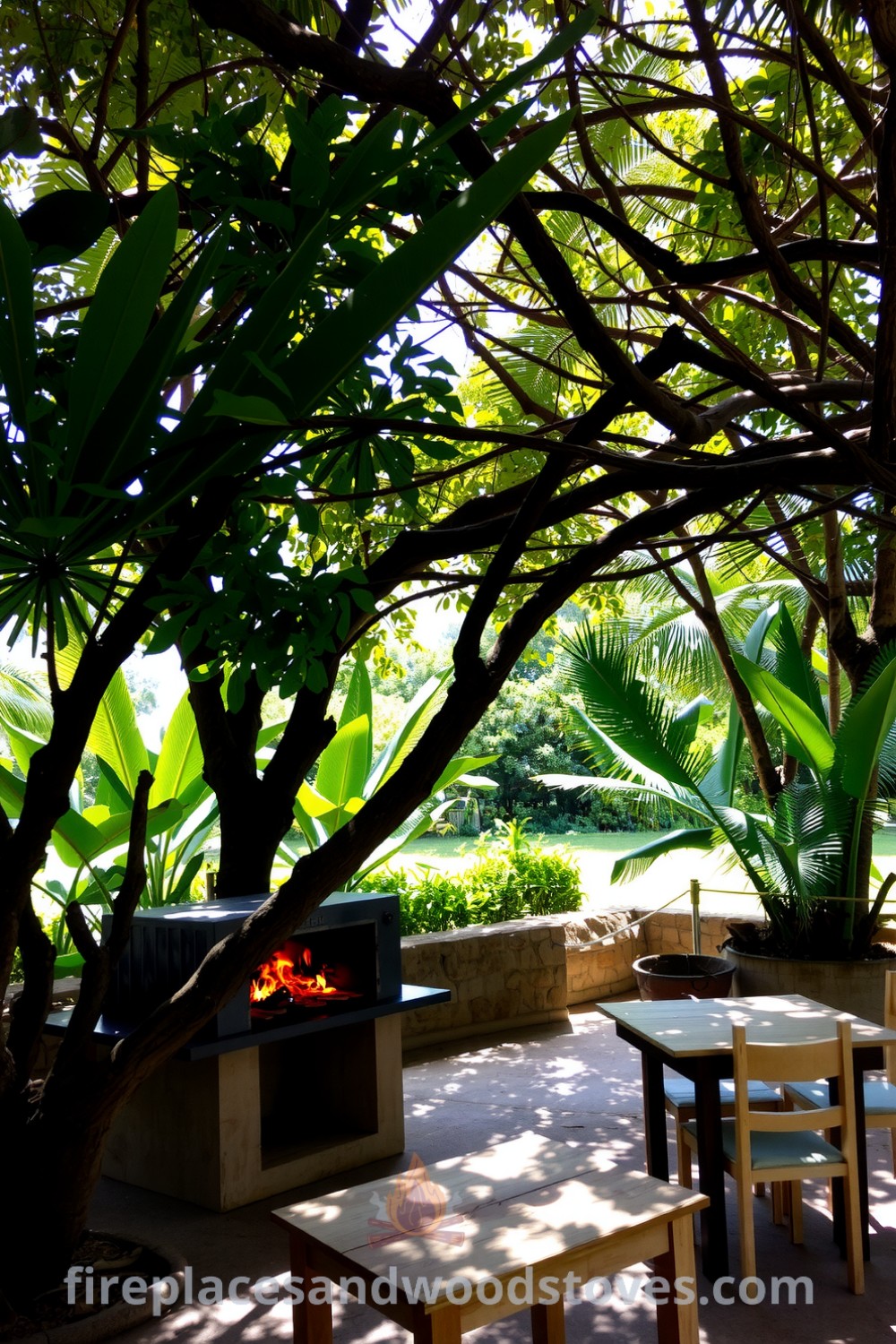 Outdoor barbecue area beneath tropical trees with a natural wood and stone grill, flames flickering over meat, a rustic wooden table with mismatched chairs, and dappled sunlight filtering through the leaves, creating a cozy retreat for gatherings, featured on fireplacesandwoodstoves.com.