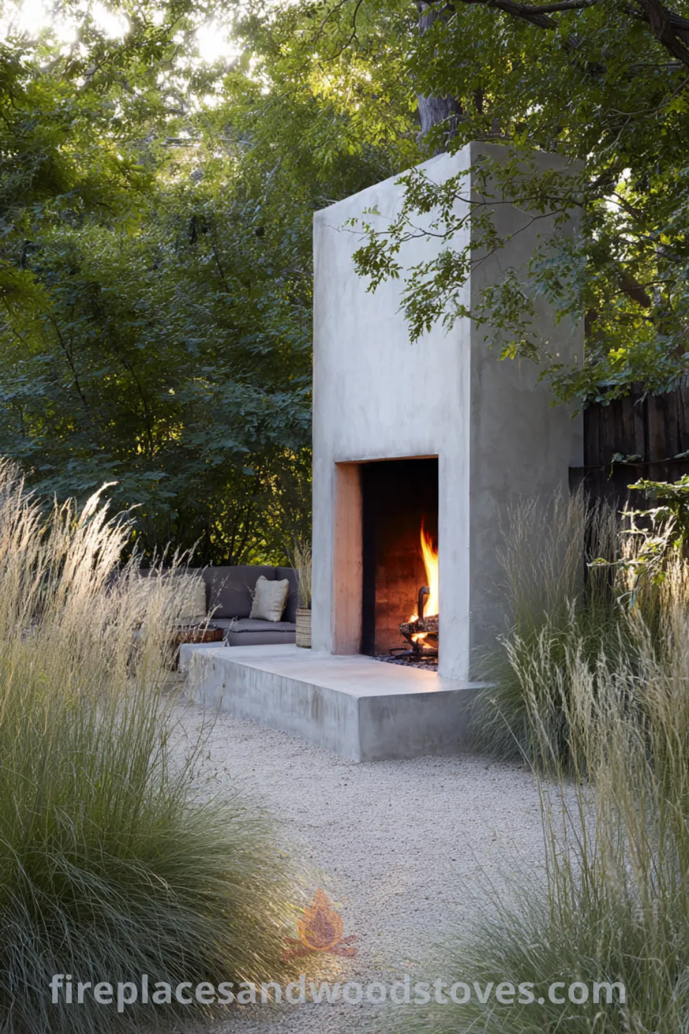 Light gray concrete outdoor fireplace in a serene scandinavian garden with cozy outdoor space hygge and minimalist design elements.