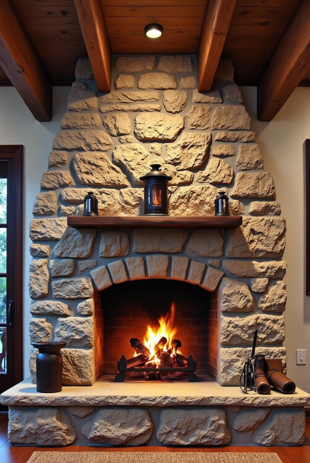 Cozy stone fireplace in a warm living room, showcasing rough-hewn masonry, crackling flames, rustic wooden beams, and a woven rug, creating an inviting and cozy home design. Visit fireplacesandwoodstoves.com for more decor inspirations and ideas for your home.