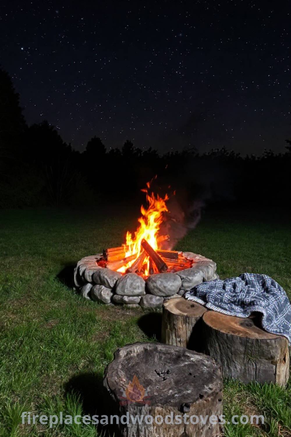 Backyard fire pit nestled in a grassy clearing under twinkling stars, featuring a rustic stone surround, flickering flames, and cozy blankets, perfect for gathering and sharing stories. Visit patioandhomefurniture.com for incredible outdoor design ideas that will wow your guests.