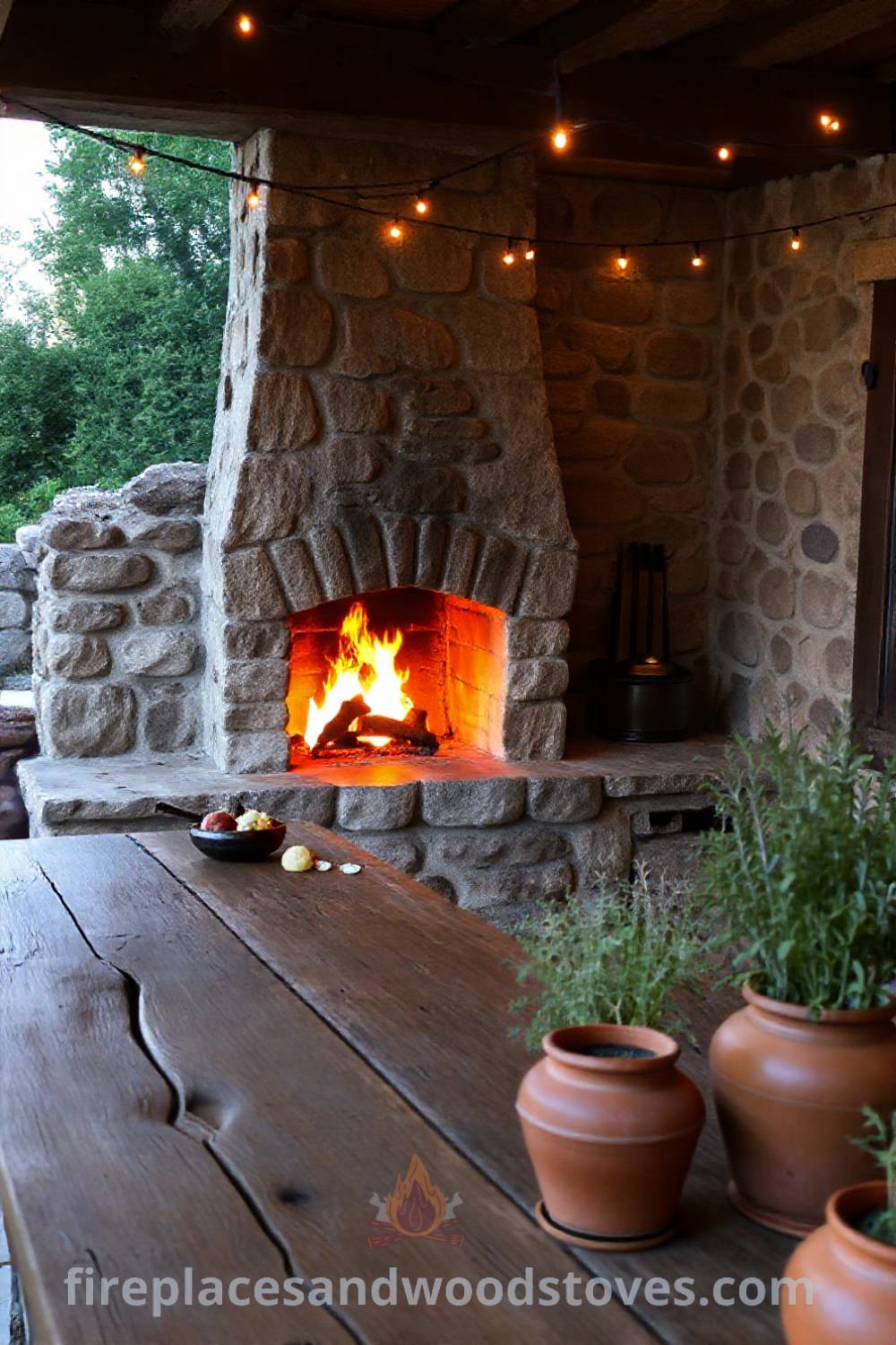 Weathered stone wood-burning fireplace in a cozy outdoor kitchen surrounded by terracotta pots of herbs, rustic wooden counter with half-prepared ingredients, and twinkling fairy lights overhead creating an inviting atmosphere for gatherings. Visit patioandhomefurniture.com for stylish outdoor design inspiration.