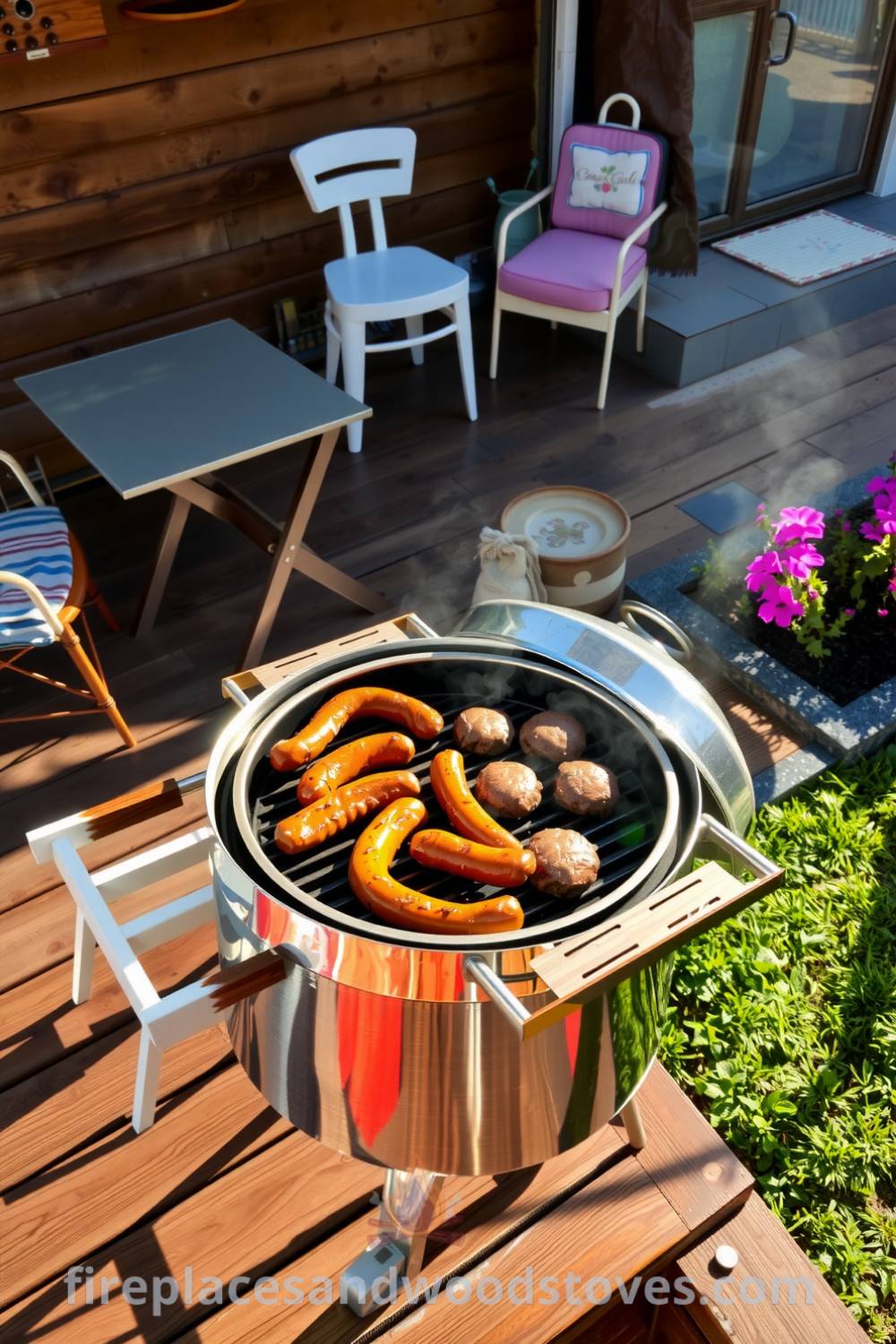 Barbecue on a wooden deck featuring a gleaming grill with sizzling sausages and burgers, surrounded by mismatched chairs and vibrant flower beds, radiating warmth for casual gatherings, showcasing cozy ideas for a welcoming home at fireplacesandwoodstoves.com.