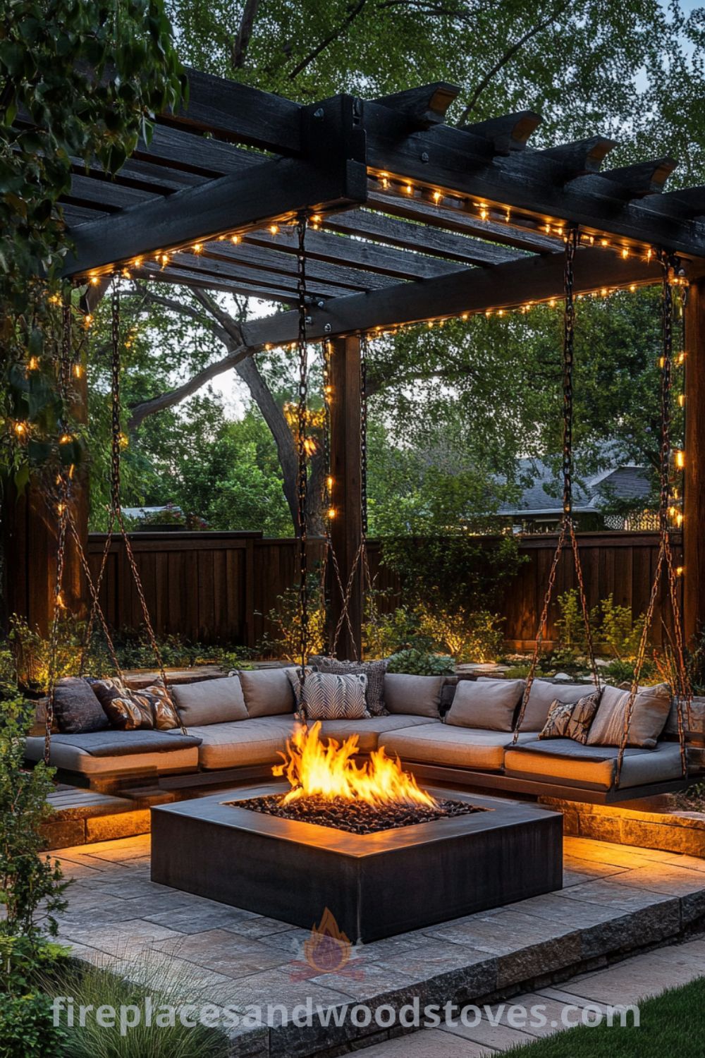 Charming backyard fire pit with outdoor seating and swings around fire pit on fireplacesandwoodstoves.com, showcasing cozy ideas, fire pit landscaping, and outdoor living inspirations.