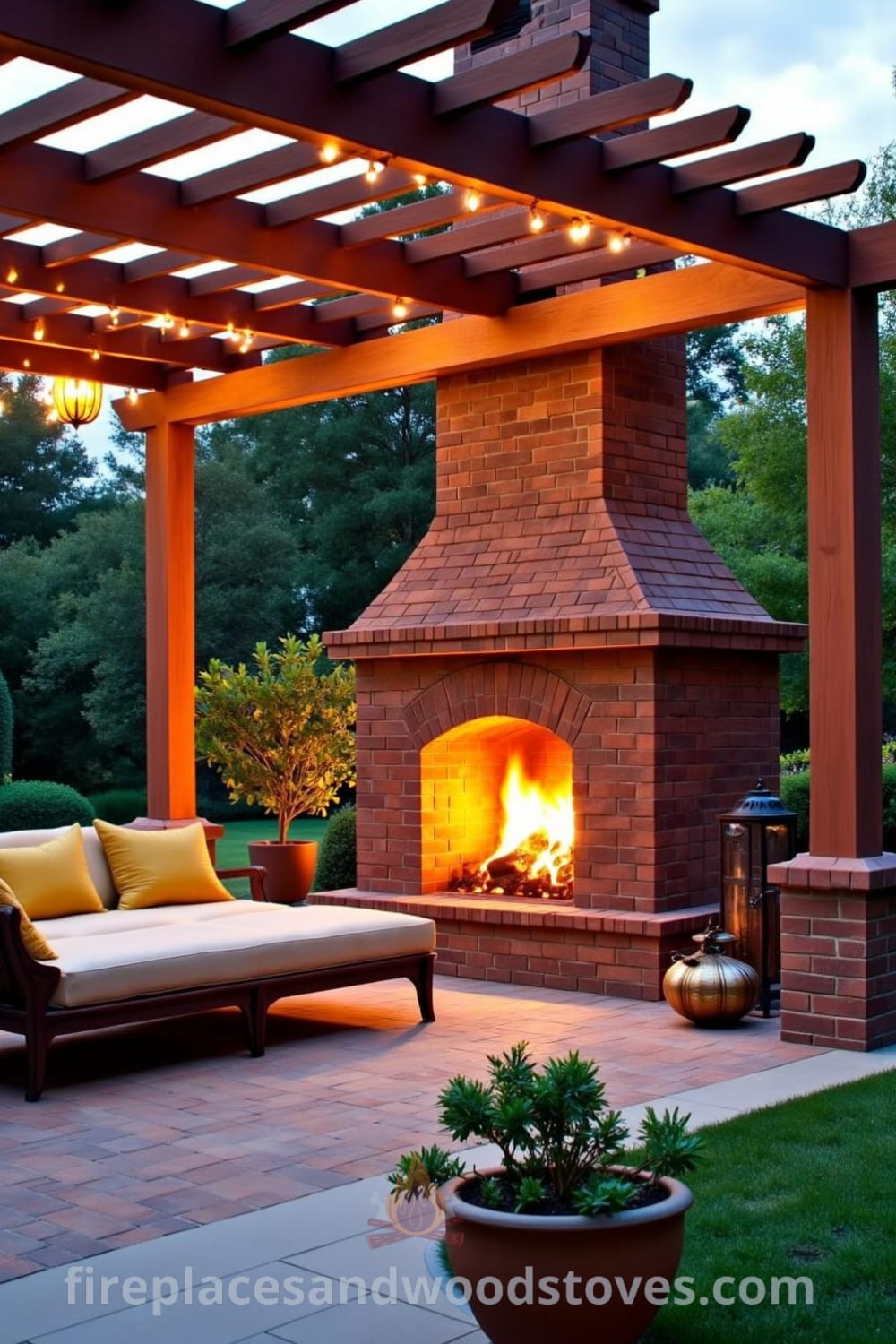 Pergola-integrated outside fireplace in a tranquil garden patio, featuring terracotta bricks, flickering flames, comfy lounge chairs with cushions, and lush greenery, offering cozy ideas and decor inspirations for a unique home design. Visit fireplacesandwoodstoves.com for more ideas.