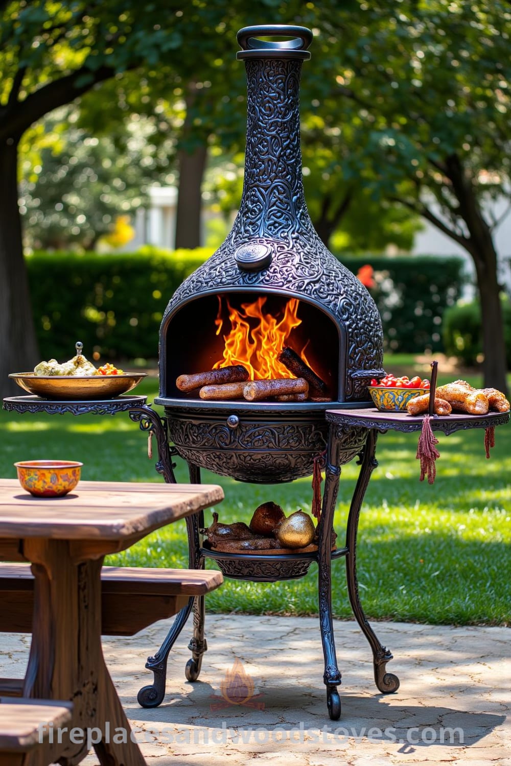 Victorian wrought iron barbecue in a cozy garden setting, surrounded by lush greenery and an inviting wooden picnic table, showcasing colorful dishes and flickering flames, embodying cozy home decor ideas and inspirations from fireplacesandwoodstoves.com.