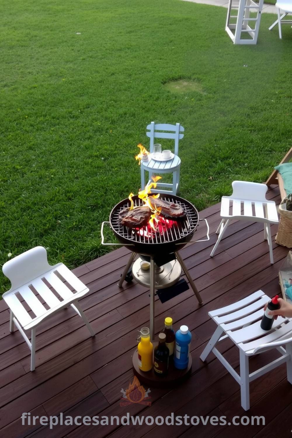 Cozy barbecue setup on a wooden deck with a grill, mismatched chairs, and condiments, surrounded by lush green grass, creating an inviting summer atmosphere for outdoor gatherings, featured on fireplacesandwoodstoves.com.