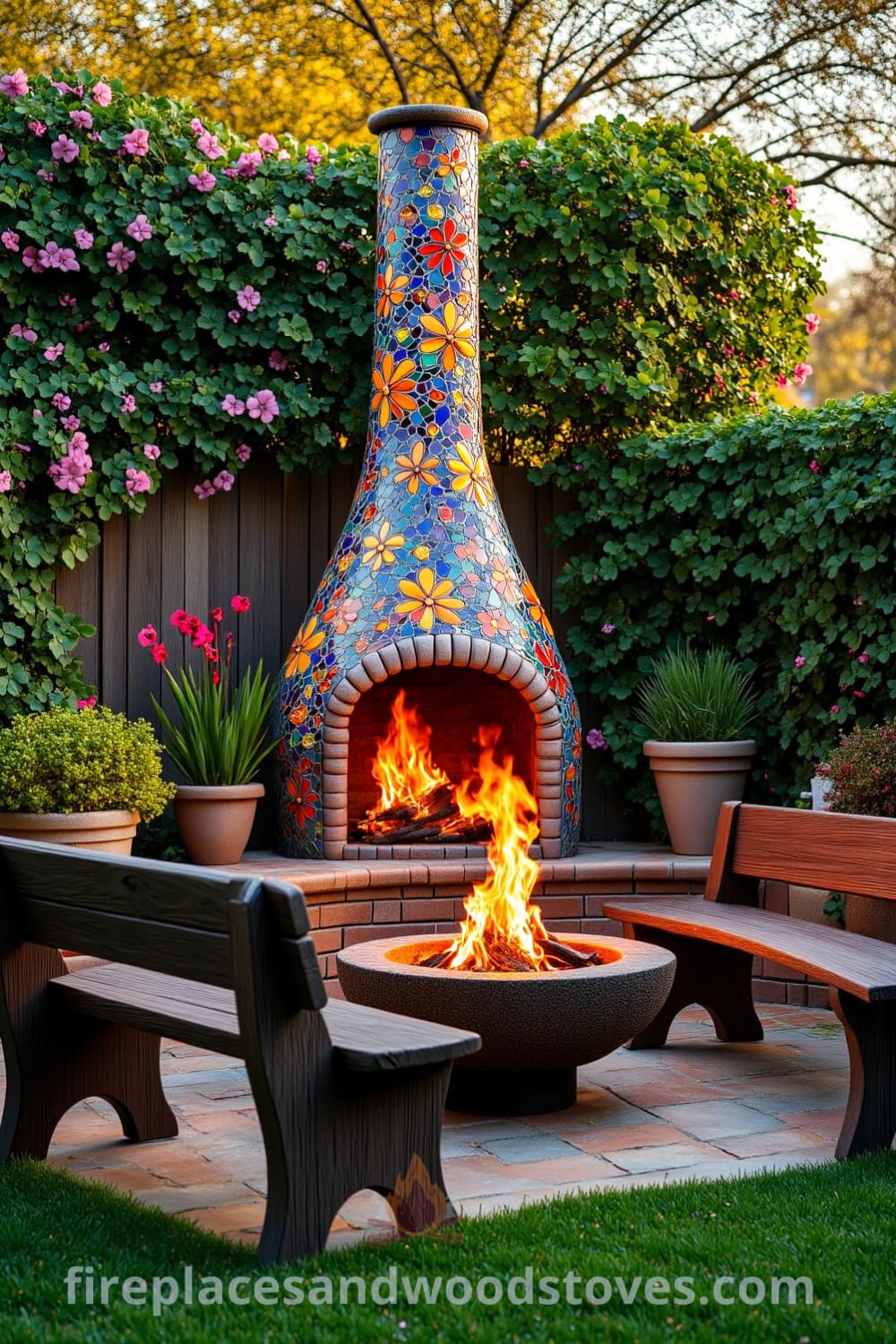 Handcrafted Bohemian mosaic firepit in a vibrant garden, surrounded by lush greenery and blossoming flowers, casting warm hues from the flames while weathered wooden benches create a cozy gathering space, highlighting unique decor ideas for a cozy home, inspiring designs, and decor inspirations at fireplacesandwoodstoves.com.
