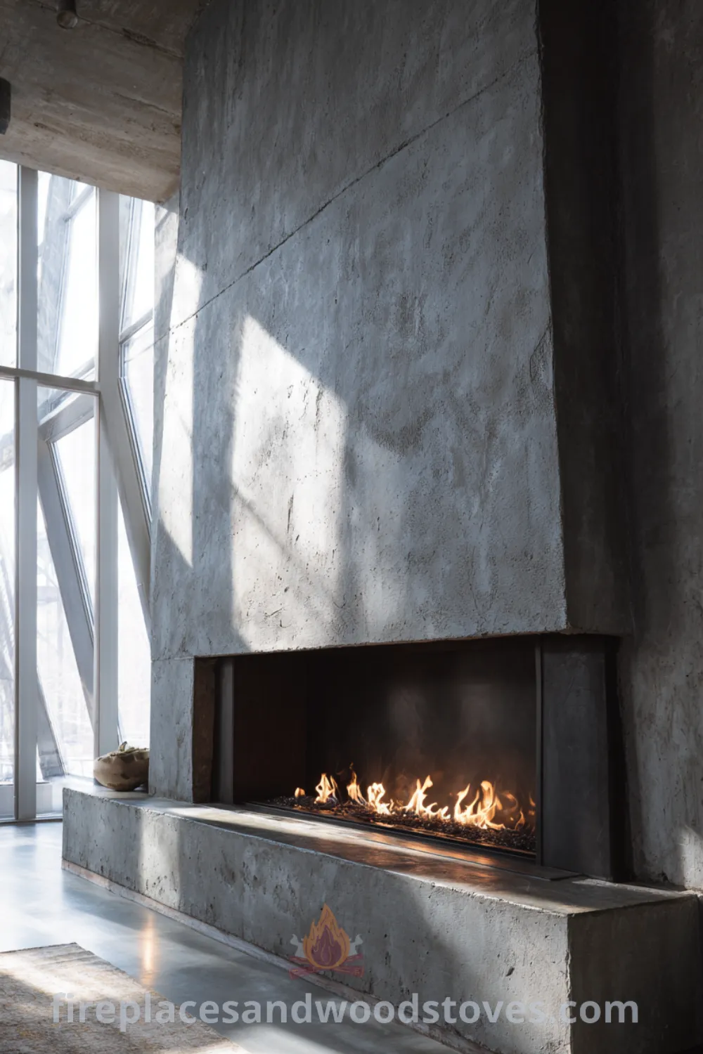 Minimalist fireplace integrated into a concrete wall, showcasing a functional scandi fireplace with natural light and cozy warmth.