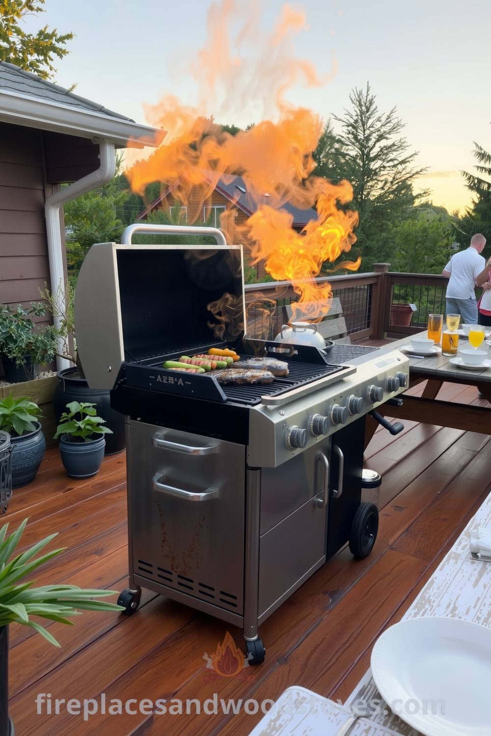 Barbecue on a wooden deck surrounded by potted herbs and a picnic table set for dinner, with smoke trailing from the grill. The scene evokes cozy ideas for a summer feast, inspiring decor ideas for your home, perfect for gatherings, featured on fireplacesandwoodstoves.com.