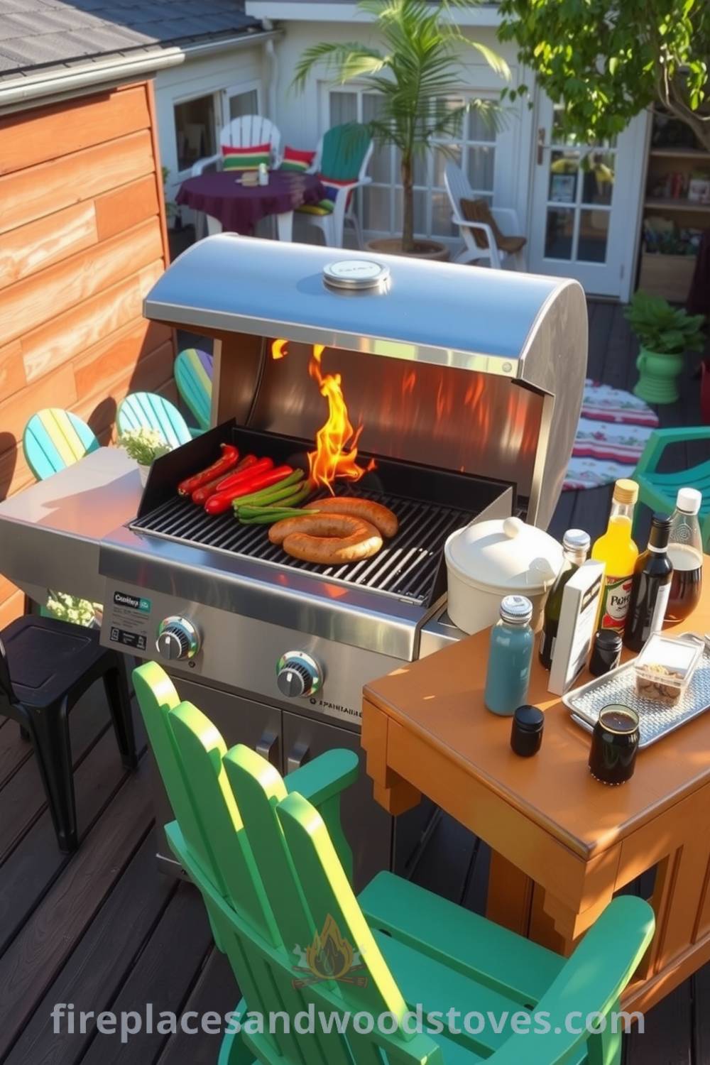 A vibrant barbecue on a wooden deck with a stainless steel grill, marinated vegetables, and sausages sizzling over flames, surrounded by colorful garden chairs and a sun-bleached table with condiments, showcasing cozy home design ideas at fireplacesandwoodstoves.com.