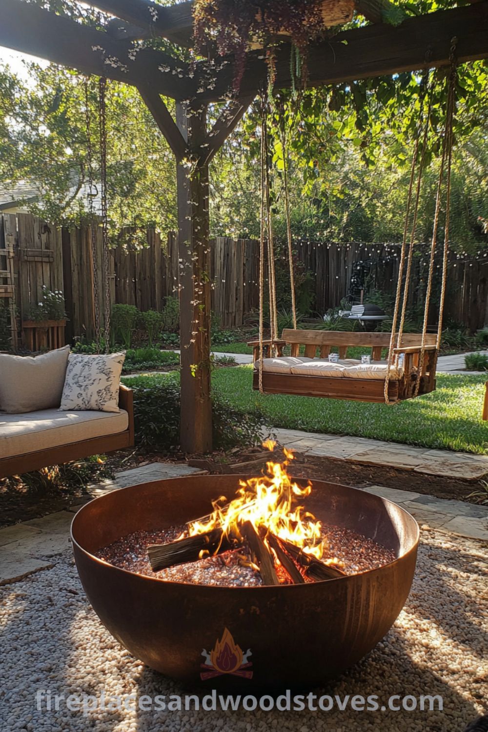 Backyard fire pit oasis on fireplacesandwoodstoves.com, showcasing a cozy outdoor seating area, sleek outdoor furniture, fire pit landscaping, and design ideas for a perfect backyard haven.
