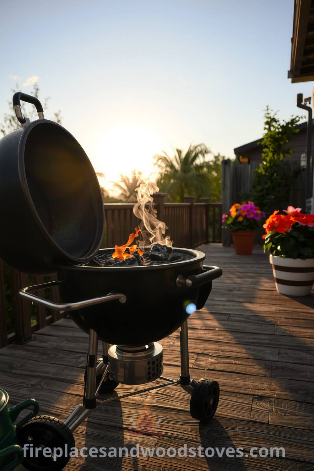 Charcoal barbecue on a weathered wooden deck with glowing coals, surrounded by vibrant flowers, set in a cozy outdoor setting perfect for gatherings, creating inspiring decor ideas for your home, found at fireplacesandwoodstoves.com.